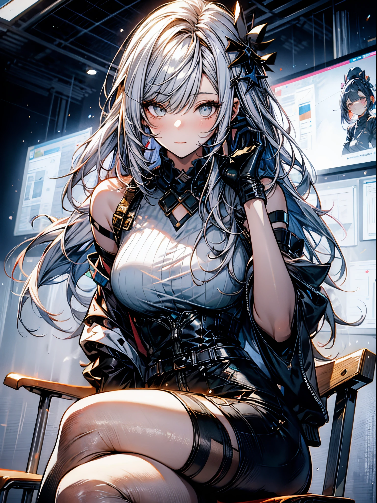 anime - style illustration of a woman sitting on a chair with a lot of things around her, shadowverse style, from arknights, from girls frontline, white haired deity, guweiz, girls frontline universe, guweiz on pixiv artstation, fine details. girls frontline, kawacy, trending on artstation pixiv, nier 2 b, by Yang J
