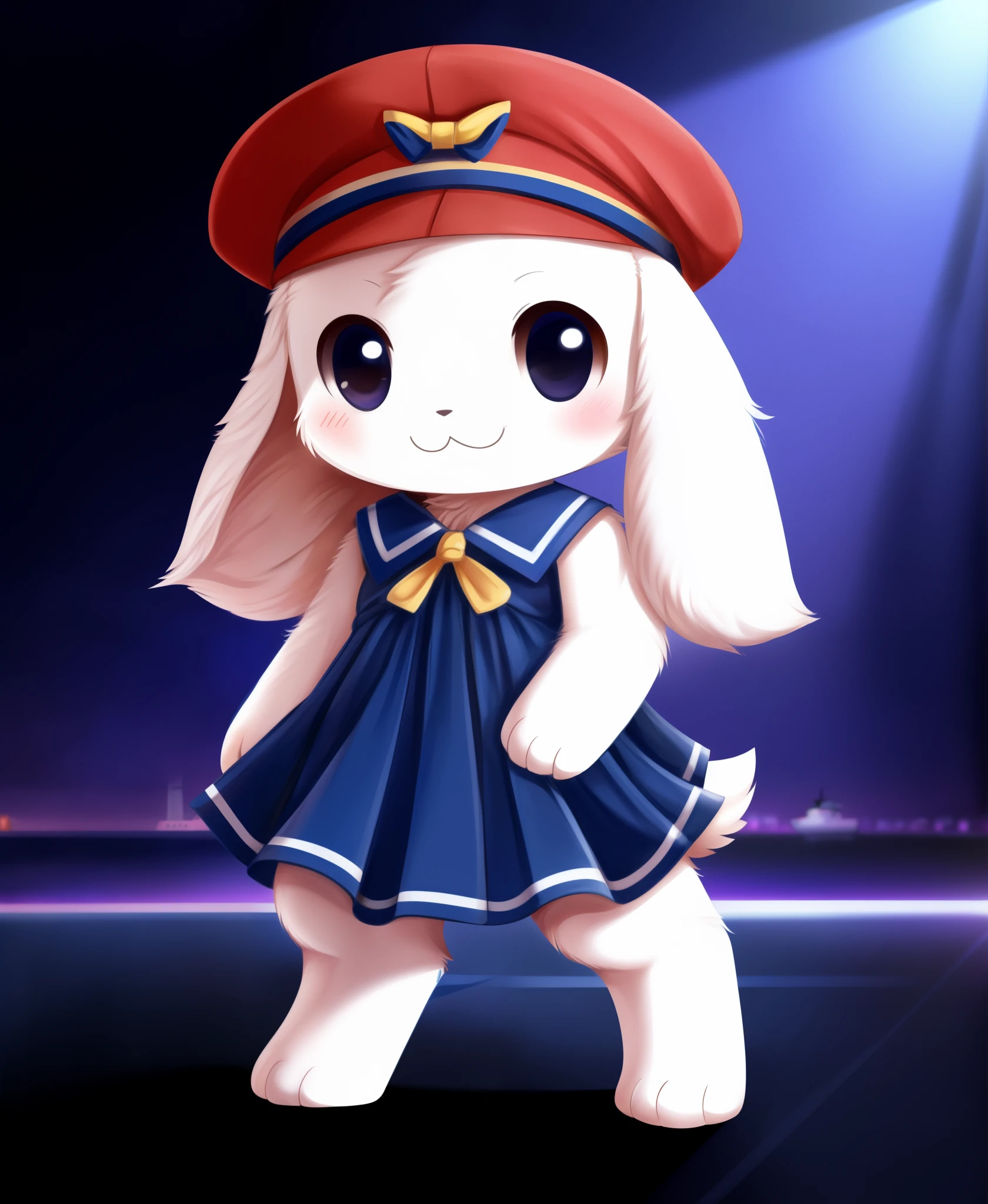 (master quality), (perfect anatomy), (sue sakamoto), (chibi mimiga), :3, fully body, digitigrade, white/blue sailor dress/outfit/hat, modern battleship, dramatic pose, dramatic lighting, white fur, fluffy fur, (black/big/oval eyes), fluffy tail, smile, ribbon/bow