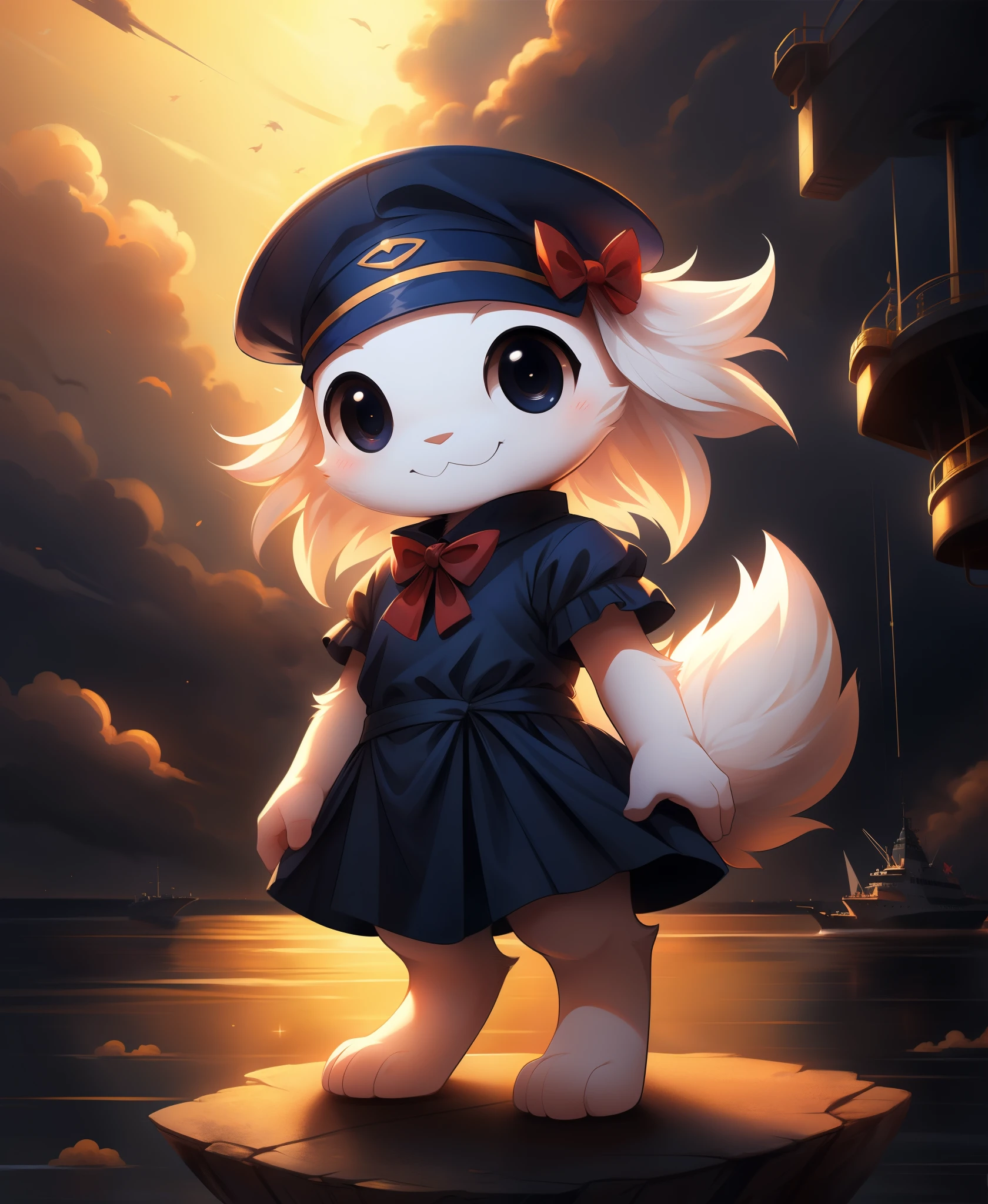 (master quality), (perfect anatomy), (sue sakamoto), (chibi mimiga), :3, fully body, digitigrade, white/blue sailor dress/outfit/hat, modern battleship, dramatic pose, dramatic lighting, white fur, fluffy fur, (black/big/oval eyes), fluffy tail, smile, ribbon/bow