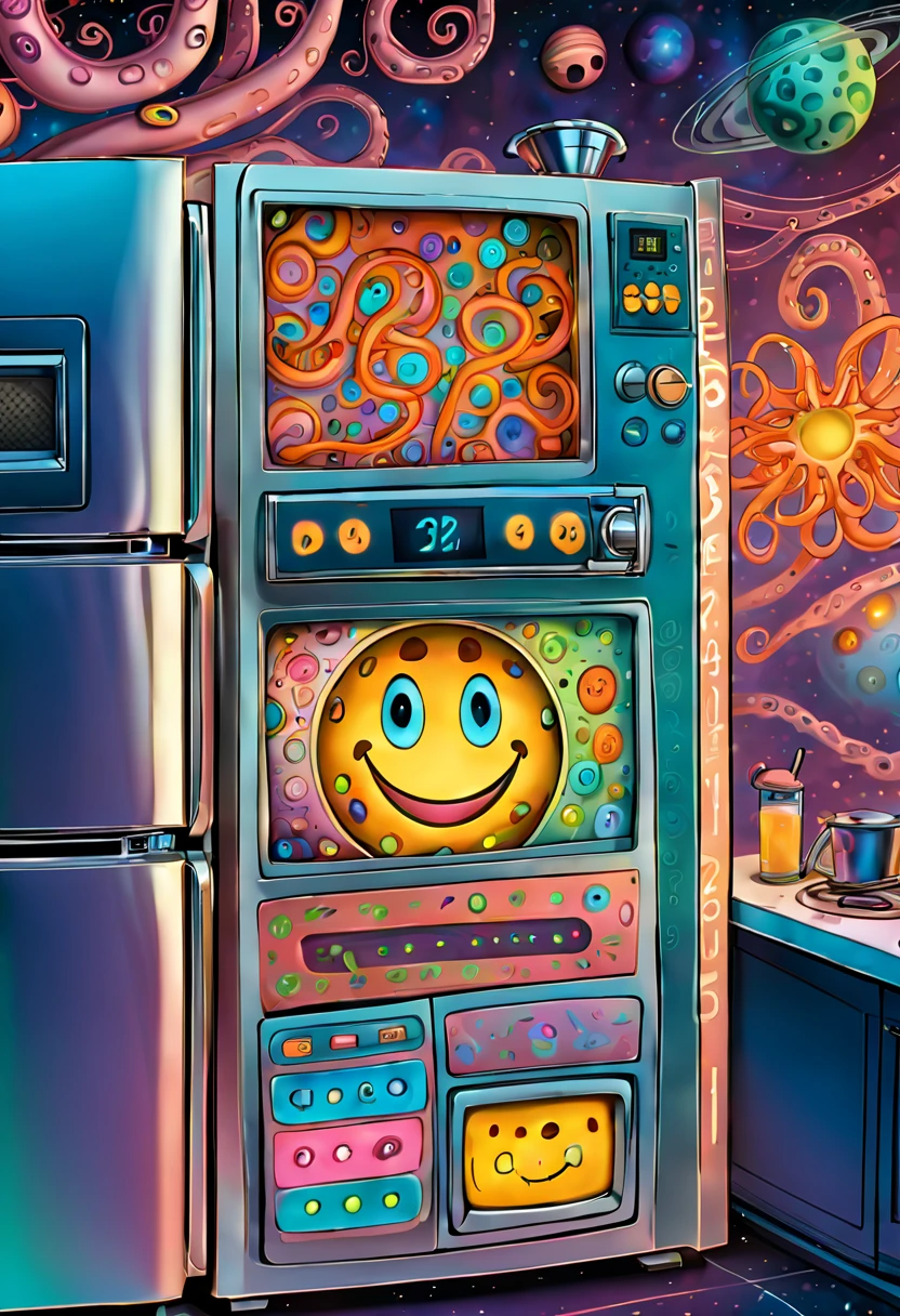 This illustration will be presented in a more abstract style。The door of the refrigerator extends with many intricate lines，The numbers and buttons on the microwave control panel are blurry，The smiling face of the blender is abstracted，The tentacles take on strange shapes。The whole picture is full of unknown and mysterious feeling，It gives people unlimited space for reverie。