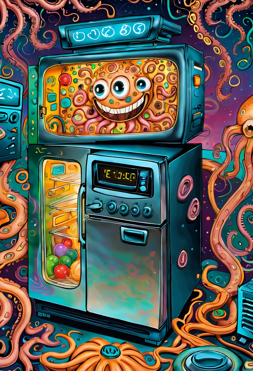 This illustration will be presented in a more abstract style。The door of the refrigerator extends with many intricate lines，The numbers and buttons on the microwave control panel are blurry，The smiling face of the blender is abstracted，The tentacles take on strange shapes。The whole picture is full of unknown and mysterious feeling，It gives people unlimited space for reverie。