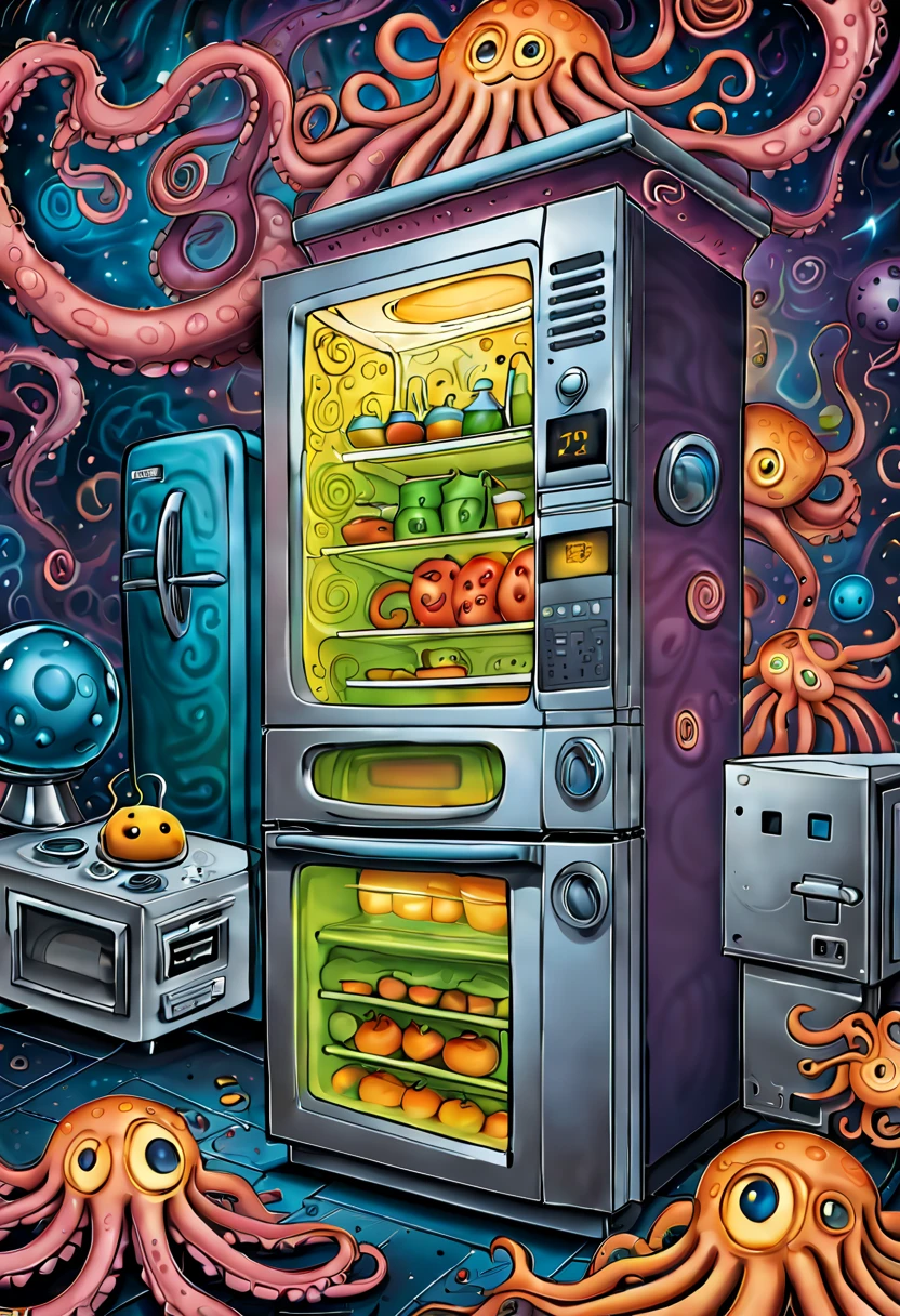 This illustration will be presented in a more abstract style。The door of the refrigerator extends with many intricate lines,The numbers and buttons on the microwave control panel are blurry,The smiling face of the blender is abstracted,The tentacles take on strange shapes。The whole picture is full of unknown and mysterious feeling,It gives people unlimited space for reverie。