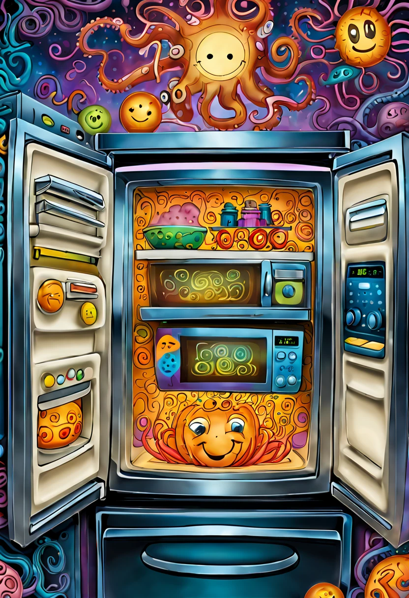 This illustration will be presented in a more abstract style。The door of the refrigerator extends with many intricate lines,The numbers and buttons on the microwave control panel are blurry,The smiling face of the blender is abstracted,The tentacles take on strange shapes。The whole picture is full of unknown and mysterious feeling,It gives people unlimited space for reverie。