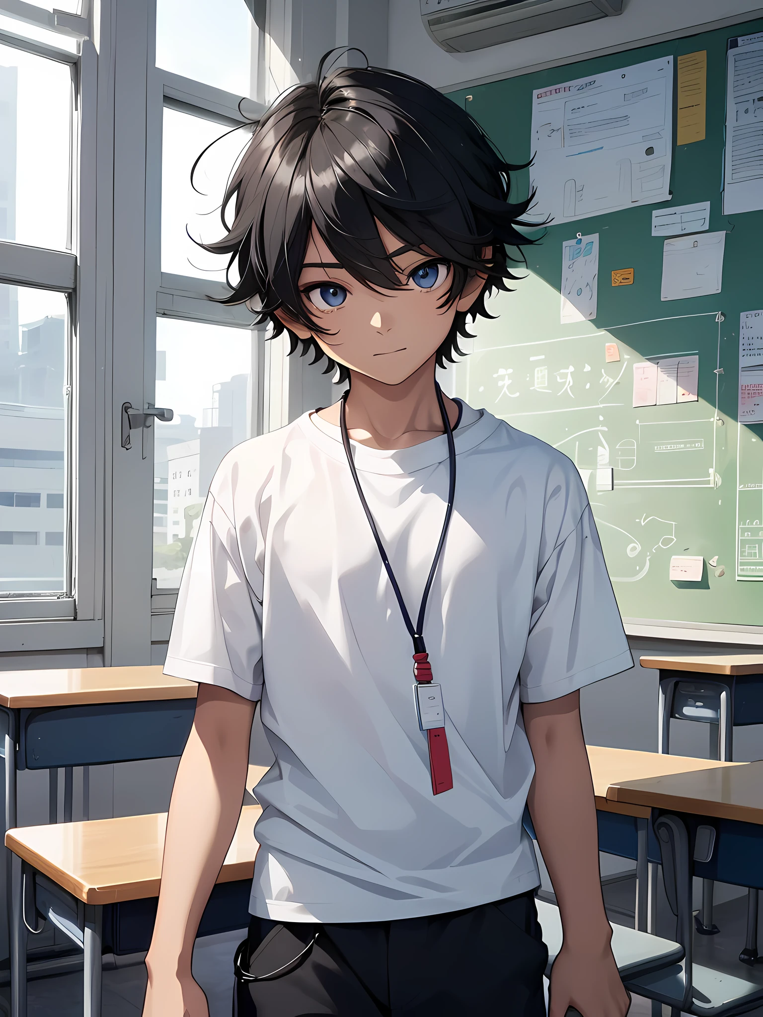 1boy, young male, age 12, black hair, happy, solo, detailed eyes, clear eyes, quality eyes, masterpiece, (UntuckedShirt:1.2), UntuckedShirt, student, White t-shirt, short sleeves, long black pants, wearing blue lanyard, standing, classroom, school, anime, line art anime