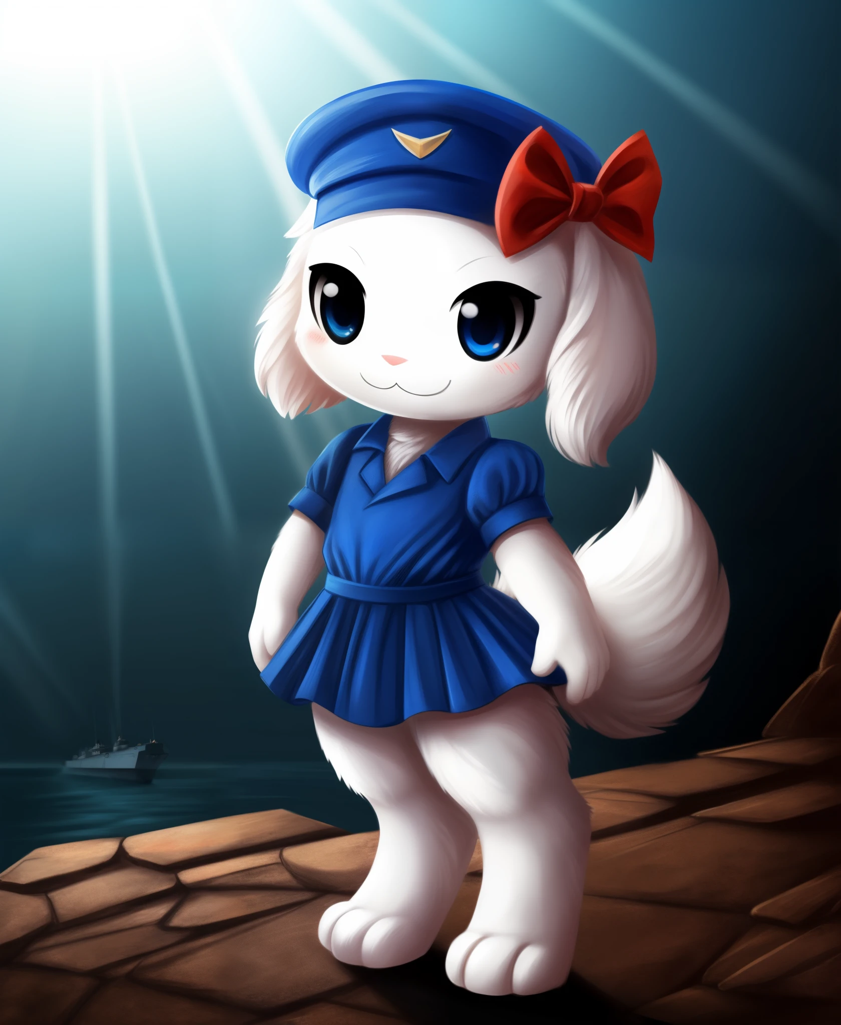 (master quality), (perfect anatomy), (sue sakamoto), (chibi mimiga), :3, fully body, digitigrade, white/blue sailor dress/outfit/hat, modern battleship, dramatic pose, dramatic lighting, white fur, fluffy fur, (black/big/oval eyes), fluffy tail, smile, ribbon/bow