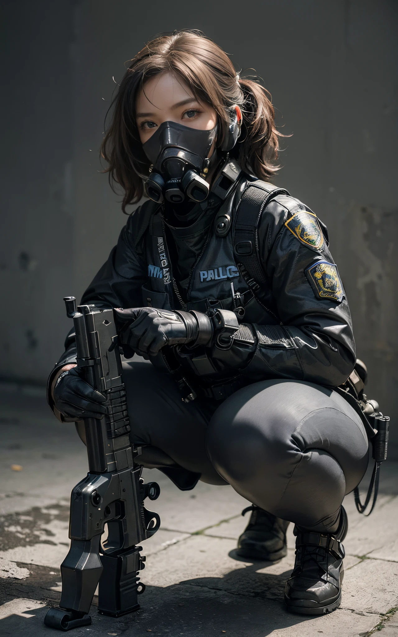 ((best quality, (masterpiece), photorealistic, photorealism, Photorealistic, high resolution)), 1girl full body, aiming with an assault rifle, another girl squatting behind, Combat pose, a bit chubby, (Detailed face), (wearing rash-guard likes police uniform, gloves, black and grey mecha, wearing futuristic-gasmask, military harness, holding a machinegun, carrying hich-tech-launcher), background grey wall, Fingers are occluded