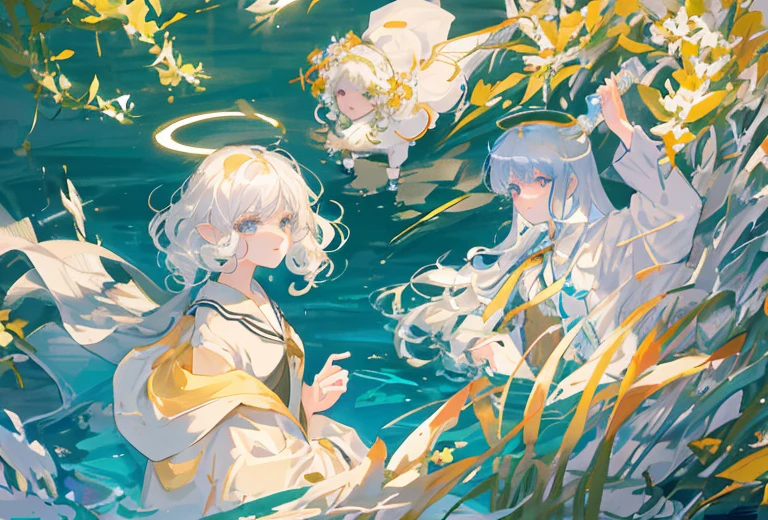 White hair, curly, eye shadow, in a bathrobe, waves his hands in the air, bubbles, the wind, luminous skin, blue skies, dark shadows, Shiny hair, Dark halo, glowing eyes, Detailed background, water:1.2, Flowers:1.2, Masterpiece, 8K, woods、Natural background, like a, For example, shore of the lake、Efficient use of light and shadow、 Realistic & ultra realisic, kindness, extremely detail, (Colorful:1.1), (Colorful Background1:1), (#30B3FF:1.5), (#FA52F4:1.1), Dance with Unearthly Creatures, Tarot symbols, bird、bee、 pale skinned man,Medium Hair, Druid, half-elf ,Dressed as a druid,illustartion,Realistic,Harmonious colours,natural lighting, Green clothes, white colored hair, curly hair