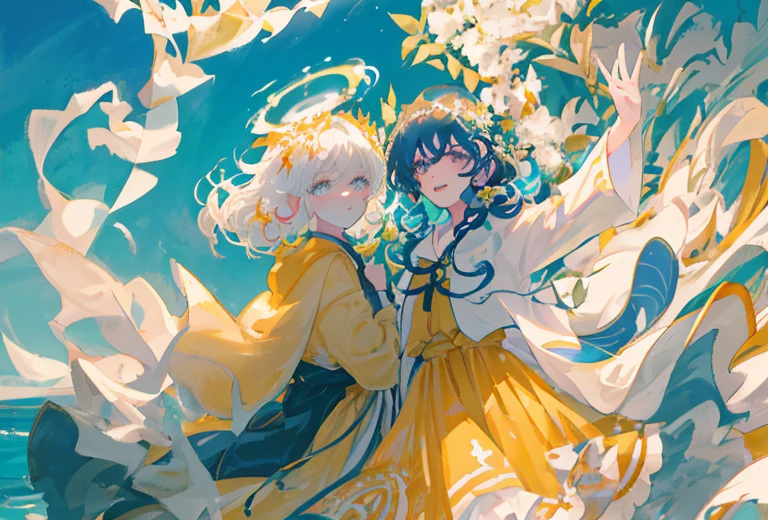 White hair, curly, eye shadow, in a bathrobe, waves his hands in the air, bubbles, the wind, luminous skin, blue skies, dark shadows, Shiny hair, Dark halo, glowing eyes, Detailed background, water:1.2, Flowers:1.2, Masterpiece, 8K, woods、Natural background, like a, For example, shore of the lake、Efficient use of light and shadow、 Realistic & ultra realisic, kindness,  extremely detail, (Colorful:1.1), (Colorful Background1:1), (#30B3FF:1.5), (#FA52F4:1.1), Dance with Unearthly Creatures, Tarot symbols, bird、bee、 pale skinned man,Medium Hair, Druid, half-elf ,Dressed as a druid,illustartion,Realistic,Harmonious colours,natural lighting, Green clothes, white colored hair, curly hair