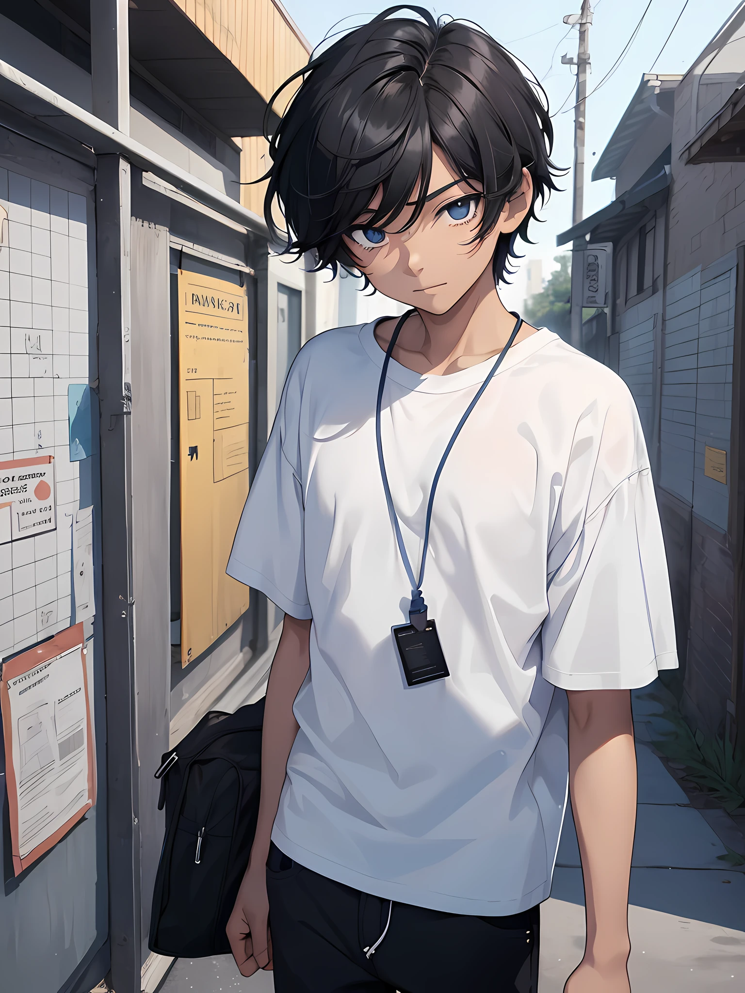 1boy, young male, age 12, black hair, happy, solo, detailed eyes, clear eyes, quality eyes, masterpiece, (UntuckedShirt:1.2), UntuckedShirt, student, White t-shirt, short sleeves, long black pants, wearing blue lanyard, standing, park, school, anime, line art anime