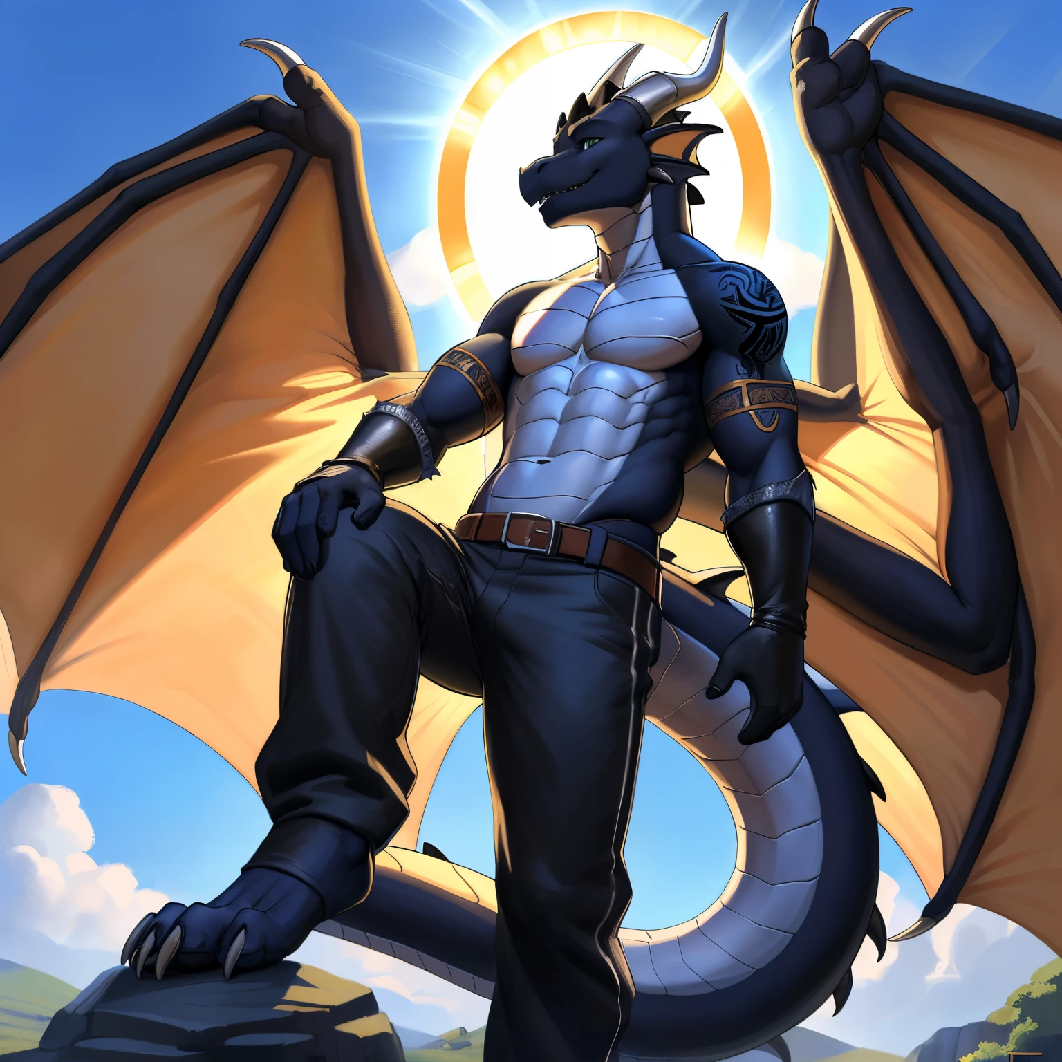(masterpiece, best quality, high quality, highres:1.4), detailed, extremely detailed, bright lighting, 4K, (by ruaidri), yupa, kiyosan,(by meesh), (by fffffolder)), delga: ( slim, athletic, dragon, black body, smooth skin, athletic muscle, anthro legs, Godly appearance, ((skin glowing)), glowing skin, ((young)), (dragon feet), (toe claw), black spikes, (detailed eyes), dragon horn, ((dragon tail)), tail attached to waist, 1tail, ((dragon wings)), bare_shoulders, (clothing, handwear:(vambraces), bottomwear:(pants:black, [[leg armor]]))), beautiful, (((heroic aura))), closed_mouth, covered in tattoos, has tattoos, tattoos covering the chest and arms, tattoo sleeves on both arms, descending from the clouds, divine presence, radiating, angelic, halo, casual
