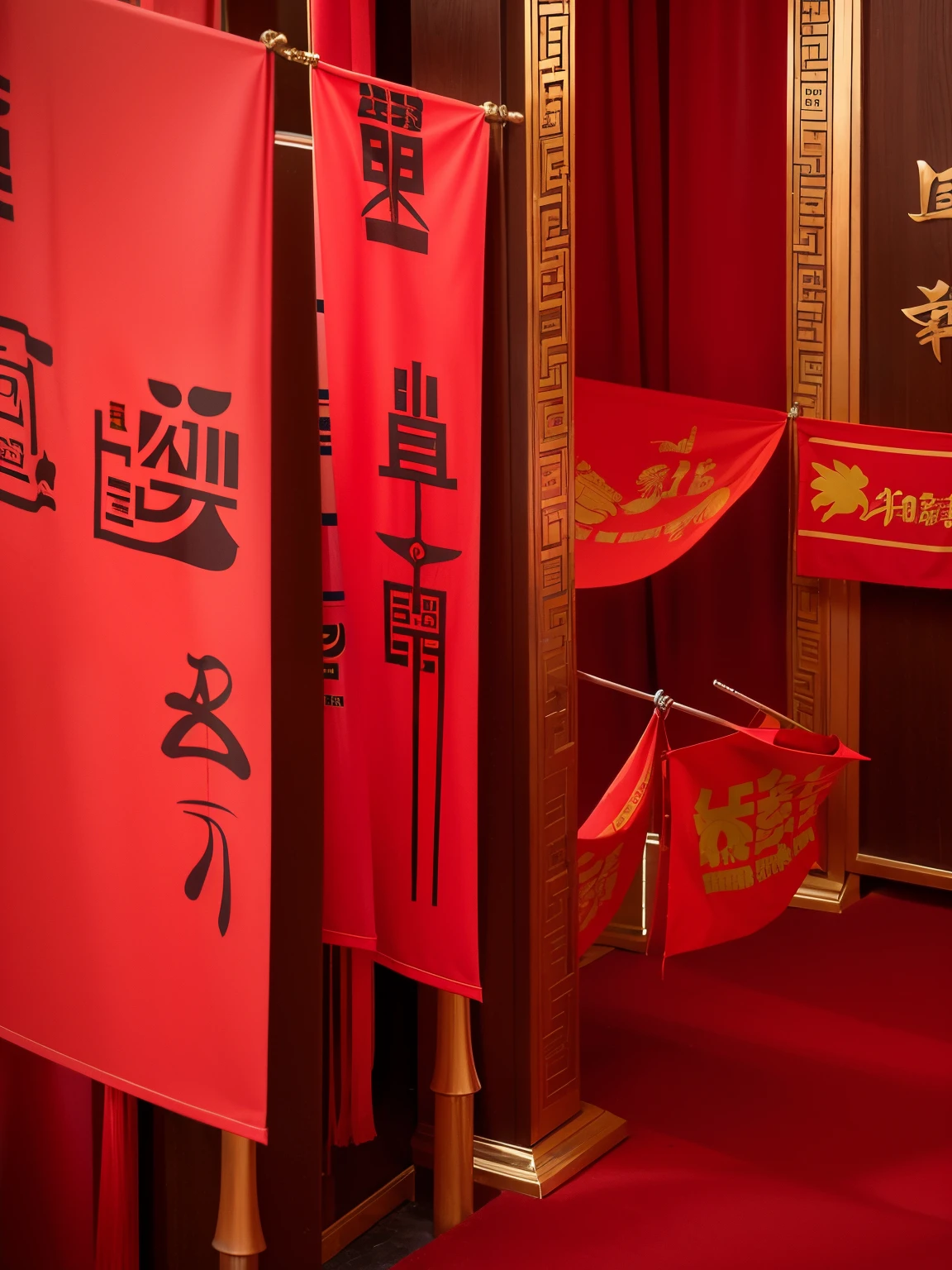 three red banners,It has Chinese characters written on it, red banners, commercial banner, banners, cloth banner, Inspired by Puhua, Chinese text, Chinese, inspired by Cui Bai, banners, Middle Metaverse, inspired by Zhang Wo, Inspired by Cao Buxing, Inspired by Wang Yi, Inspired by Cao Zhibai