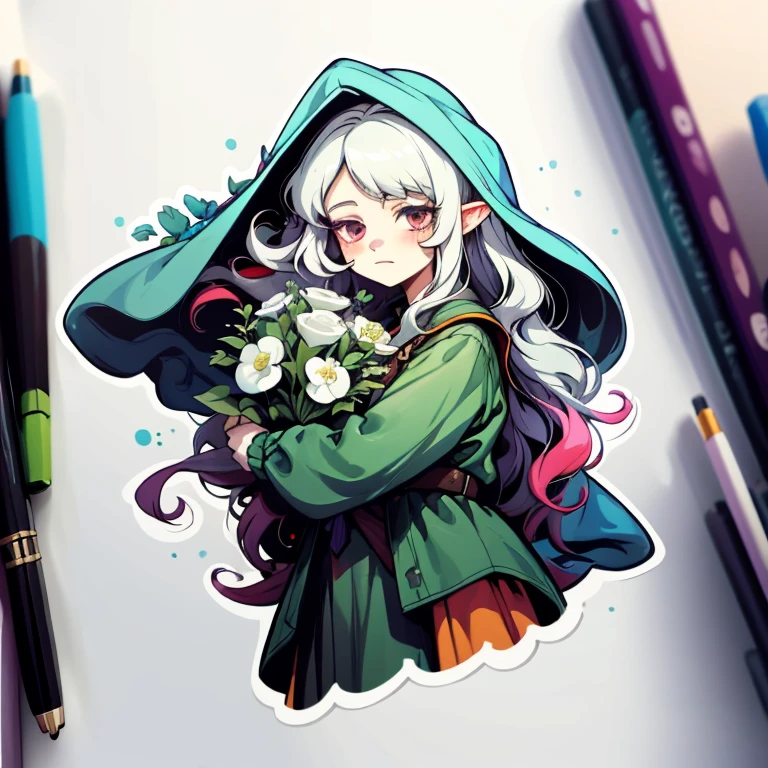 1 sticker, handbook, (Sticker, 1 girl, Medieval heavy dress, luna. veil, bouquet, Separating elements), watercolour, whitebackground, Simple background, minimal, Cute, tiny, Color: pastel colours, vector style, No gradient, male with pale skin,midle hair, druid, half-elf ,Dressed as a druid,illustartion,Realistic,Harmonious colours,natural lighting, green clothes, white hair, curly hair