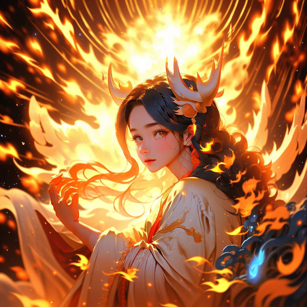 baby qilin with red thick and bushy fur , blue flame , teary eyes, feeling proud, stare at the viewer, fireballs and flames around, masterpiece, high quality, 8K