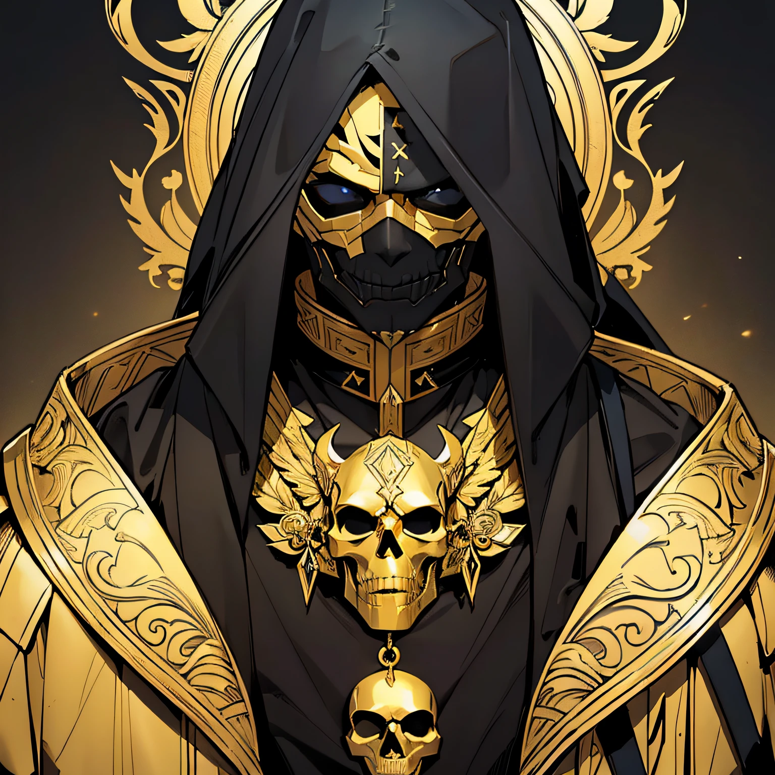 Henshin, solo, looking_at_viewer, black_hair, red_eyes, gloves, long_sleeves, 1boy, jewelry, upper_body, male_focus, horns, black_gloves, signature, hood, mask, glowing, chain, ring, hood_up, skull, robe, one_eye_covered, gold, ultra realistic,32k,RAW photo,(high detailed skin:1.2), 8k uhd, dslr, soft lighting, high quality, film grain