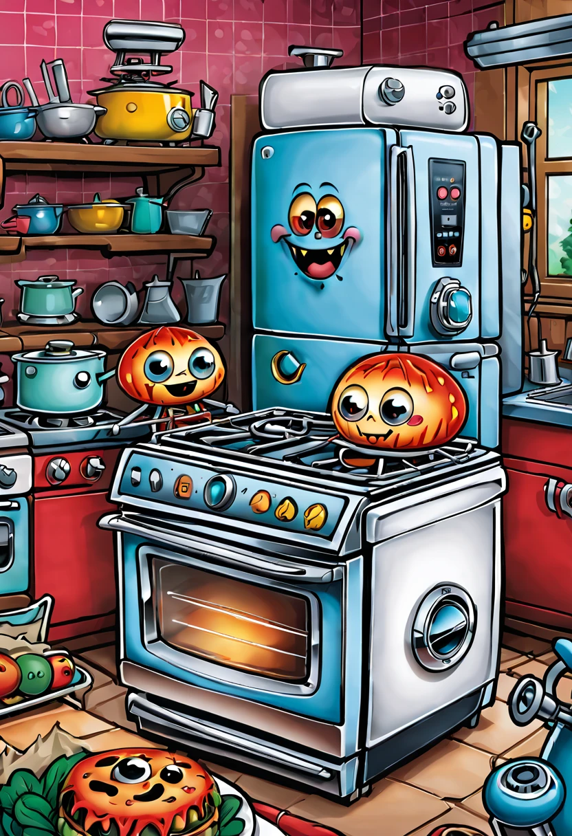 In this illustration,Illustration master will adopt comic style,Design kitchen appliances into cartoon characters,Like a refrigerator with big eyes and a smiling face、Oven and mixer。These appliances will display horror in an exaggerated way、Humor and cute elements。