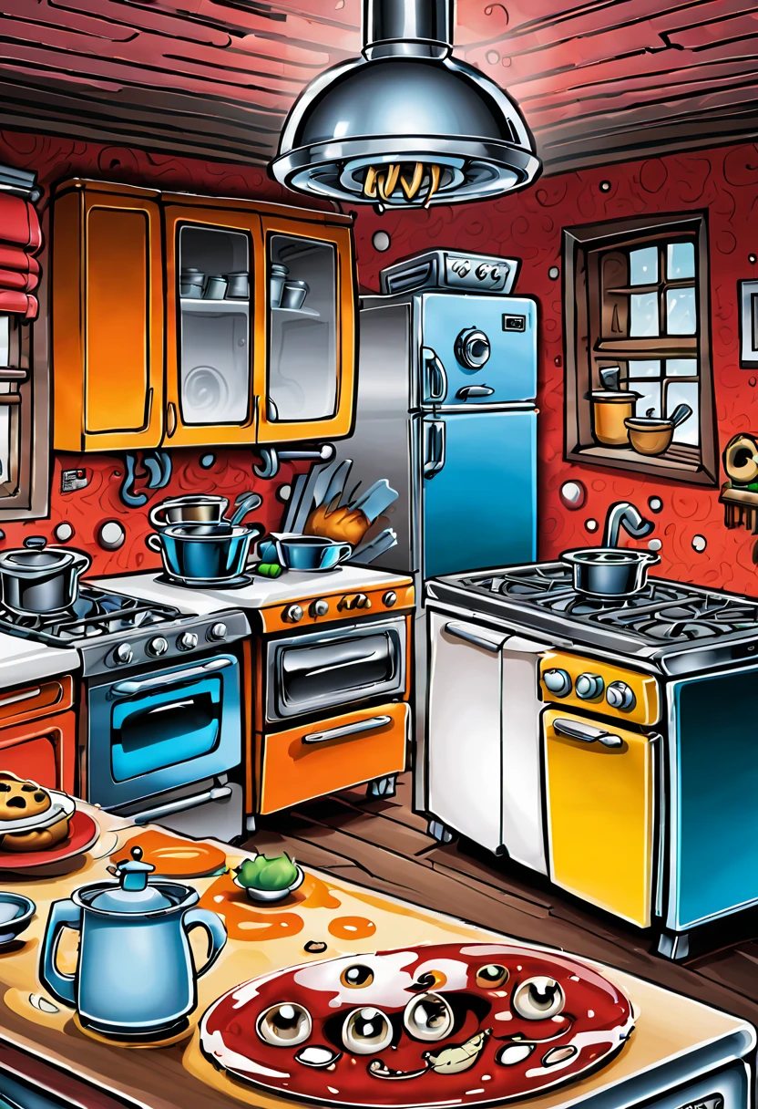 In this illustration,Illustration master will adopt comic style,Design kitchen appliances into cartoon characters,Like a refrigerator with big eyes and a smiling face、Oven and mixer。These appliances will display horror in an exaggerated way、Humor and cute elements。