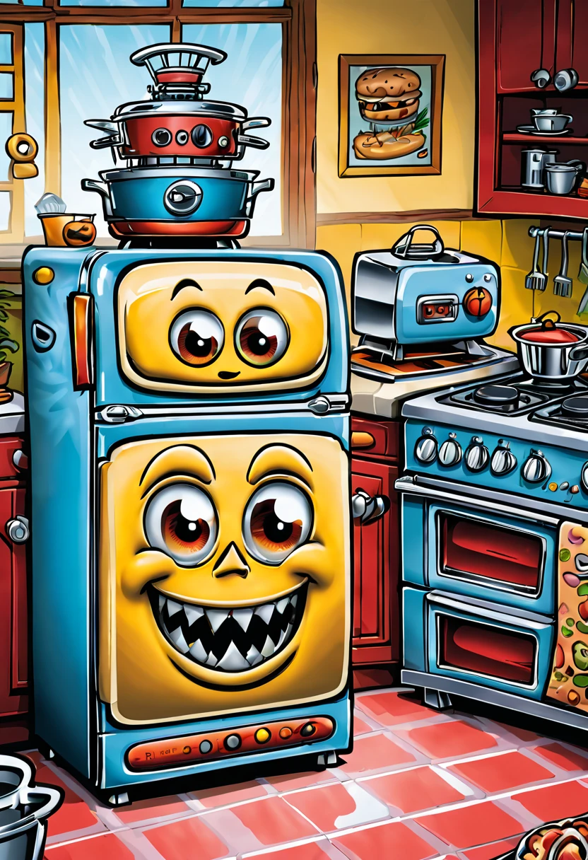 In this illustration,Illustration master will adopt comic style,Design kitchen appliances into cartoon characters,Like a refrigerator with big eyes and a smiling face、Oven and mixer。These appliances will display horror in an exaggerated way、Humor and cute elements。