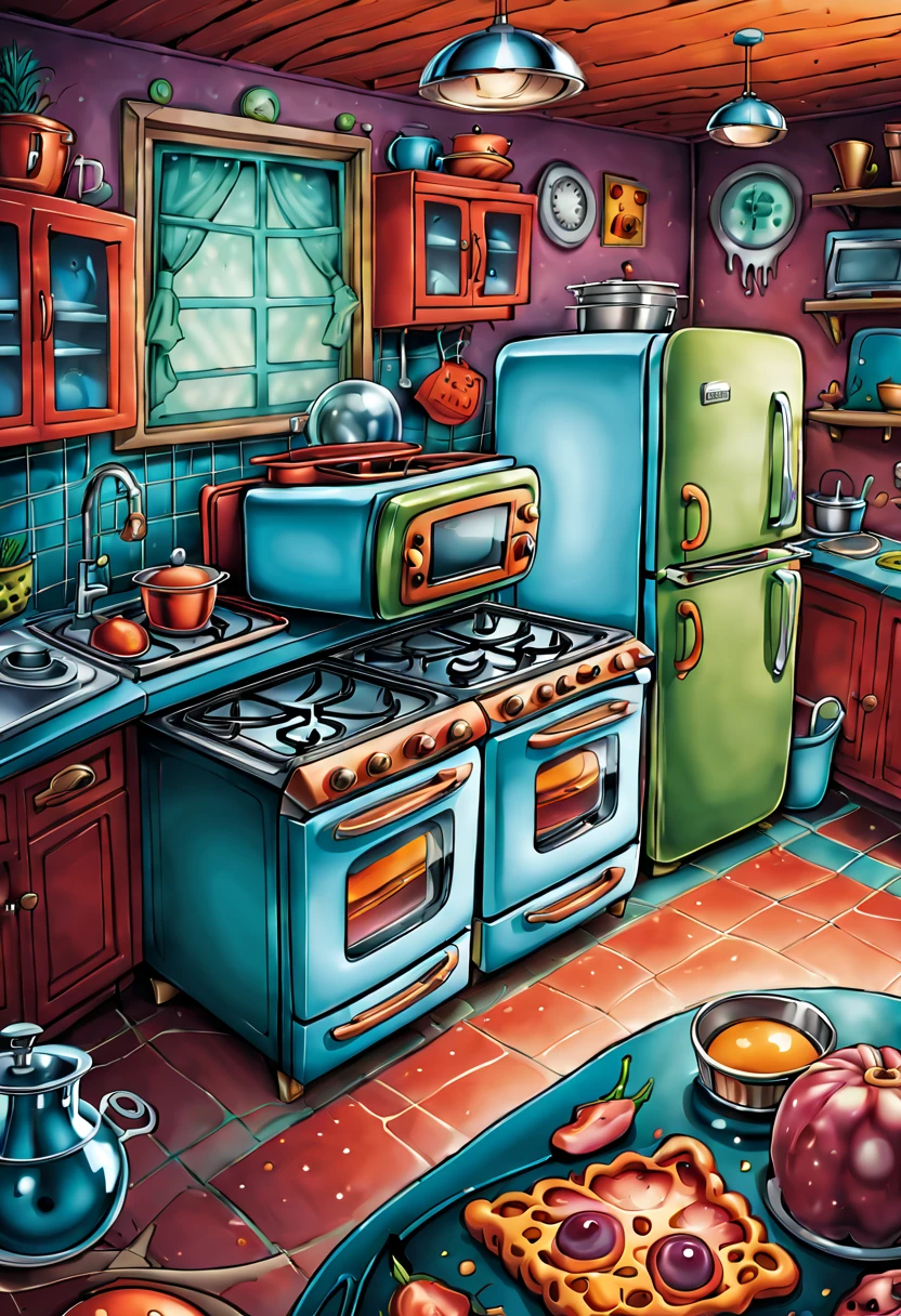 In this illustration，Illustration master will adopt a surreal style，Design kitchen appliances into fantastic images，like a floating refrigerator、Oven and mixer，Their lines are smooth，Shape distortion。These appliances will represent horror in a fantastical way、Humor and cute elements。