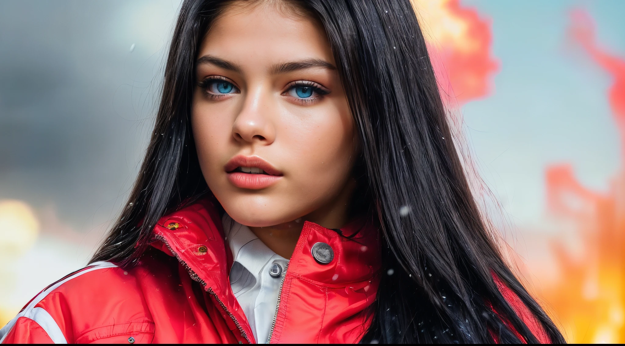 Maximum Extreme Hyper realistic, Maximum Extreme Hyper Detailed, Maximum Extreme Hyper Sharp, Maximum Extreme Hyper Sharp, Maximum Extreme Close Up, Front Front, Full Body, Portrait, Thylane Blondeau beautiful woman, (((beautiful model, with long black hair and ultra detailed, with blue eyes, dressed in a gradient red jacket and white blouse printed with Japanese letters, jeans,))))((((ultra realistic 8k, super detail), Post-processing, (Splash Art), Exaggerated Perspectives, Natural colors, (Colourful and Highly Detailed )))) , camera with multiple movement angles, glamorous fire, swirling red smoke and glowing particles, low neon effects, silver and black nuances, ultra detailed 8k video, hdr, complex images, provide me the best experience of image and movement