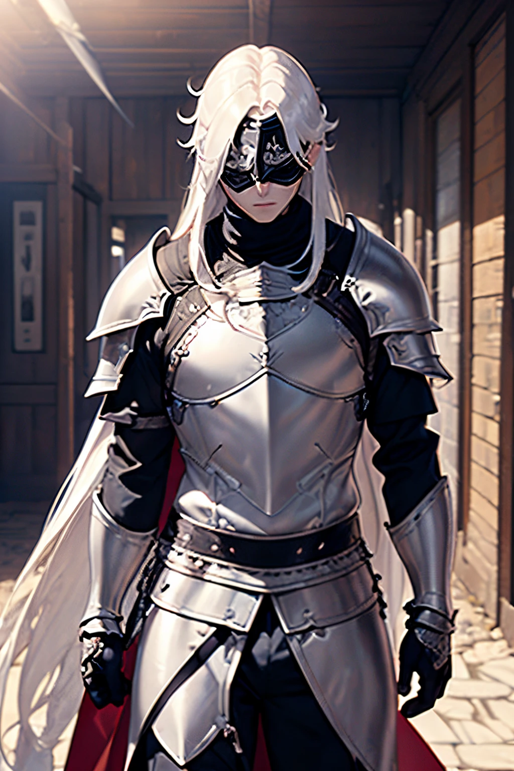 Draw lines and scenes without colors and shadows, Detailed, intricate detials, 4k, (portraite of a), ((beste-Qualit, hight resolution, ultradetailed), bright colours, ((((1 male)))), grown up, tall muscular guy, wide shoulders, Fantasy, dnd, Aasimar, person, the angel of death, black wings, Metal mask, Mask-mask, ((face mask)), Mask on the whole face, Hides Eyes, hides the face, White long hair, white colored hair, slick hair, straight hair, Chain mail, chain mail armor, Fantasy armor, cinematic composition, Creating an atmospheric atmosphere, knight, paladin, PaladinOathbreaker, Gothic armor, Full-length portrait of a mysterious knight, Wearing heavy armor, pale skin, macabre, Gloomy design, Has red smoke and aura, evil knight, Fallen Knight, eldritch, Creepy, nightmarish, Epic Angel Wings, light around the head, red torn cloak, Additional lighting, whitebackground, Covering your eyes, Close your eyes