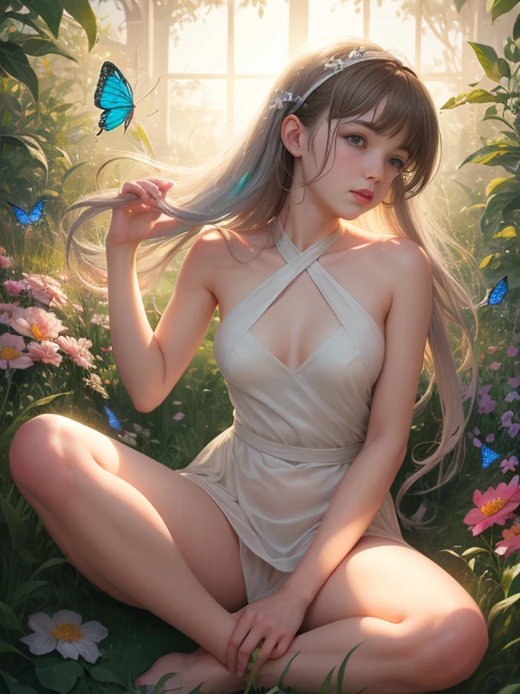 1girl, solo, full body, (masterpiece:1.21), (best quality:1.2), colorful, (illustration:1.2), (cinematic lighting:1.1), (naked:1.21), (spread legs:1.1), nsfw
In this whimsical and fantastical garden, the scene is illuminated by a rainbow of (colorful fireflies), dancing and fluttering in the air. The garden is decorated by a gentle (drizzle), creating a misty and ethereal atmosphere. In the center of the scene, there is a single girl, an extremely delicate and beautiful girl, with cute features and an innocent expression. Her long hair is flowing with the wind. She naked, spread legs, highlighting her delicate curves.

The lighting is very delicate and beautiful, creating a soft and warm glow that highlights the water, making it sparkle like diamonds. The finest grass is also illuminated, creating a lush and verdant carpet. The garden is surrounded by colorful flower fields, with blooms of every color and shape. (Colorful butterflies), of every shade and size, can be seen fluttering around the scene, adding to the overall sense of wonder and magic. (look ai viewer),A blush can be seen on her nose, and her mouth is slightly open, adding to the overall sense of innocence and youthfulness. Falling petals can be seen floating around her, adding to the overall sense of romance and beauty. A gentle wind is blowing through the scene, making the leaves rustle and the flowers sway, adding to the overall sense of movement and life. This is a scene of pure wonder and magic, filled with color and beauty, where the viewer can lose themselves in the enchanting and captivating world.