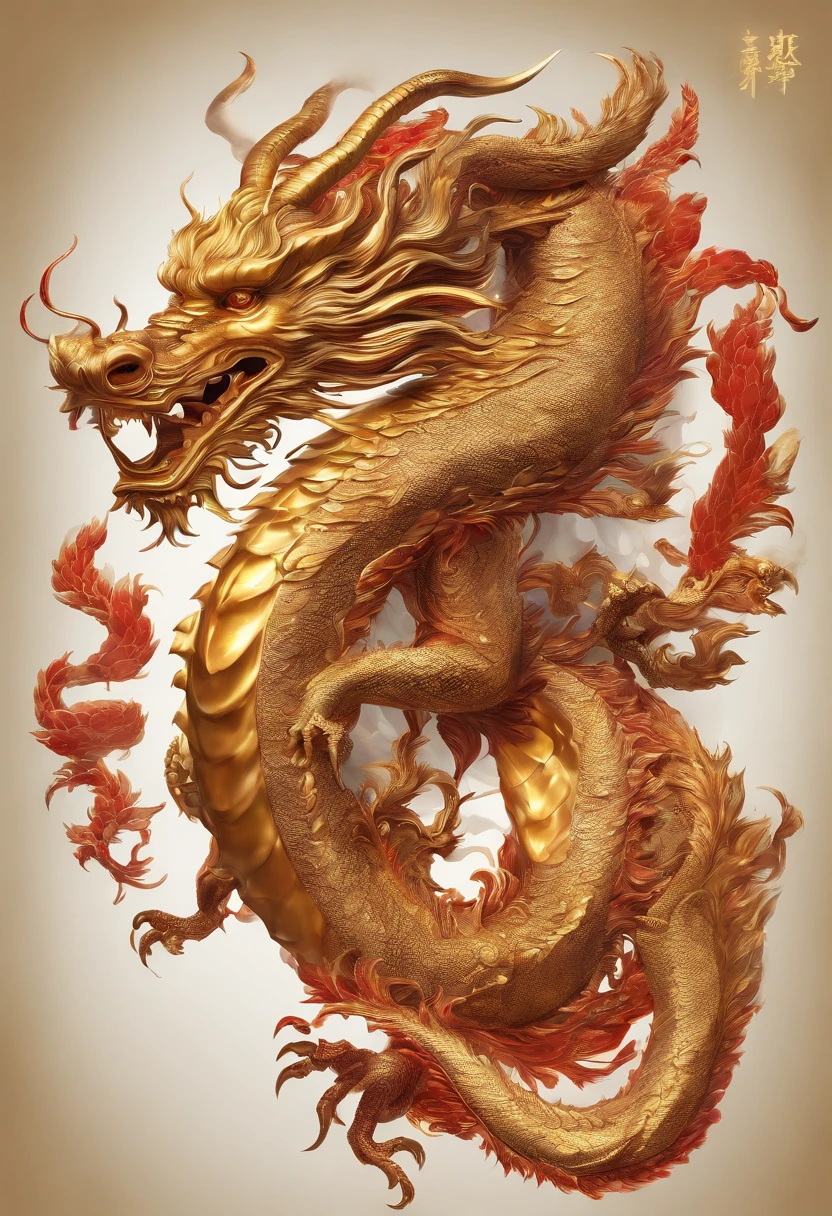 (golden Chinese dragon chef,ultra HD,super-detailed),fire-breathing,detailed scales,elaborate red and gold dragon robe,exquisite golden scales on the dragon's chest,evocative smoky atmosphere,majestic stance,fiery red eyes,impressive horns and whiskers,fluid and dynamic movements,imposing presence,elaborately decorated chef hat with traditional Chinese motifs,shimmering golden flames,impeccable attention to detail,expertly crafted claws and fangs,awe-inspiring silhouette,rich and vibrant colors,traditional Chinese elements,impressive artistry,meticulously textured,highly intricate design,elaborate and ornate patterns,meticulous dragon facial features,top-quality rendering technique,extraordinary craftsmanship,dragon's fiery breath illuminating the surrounding area,remarkable blend of power and elegance,grandiose composition,vivid and detailed depiction,meticulously-rendered fire effects,fluid brushstrokes,statuesque and dignified demeanor,impressive sense of scale and dimension,authentic and captivating portrayal,impressive scale and perspective,absolute realism.