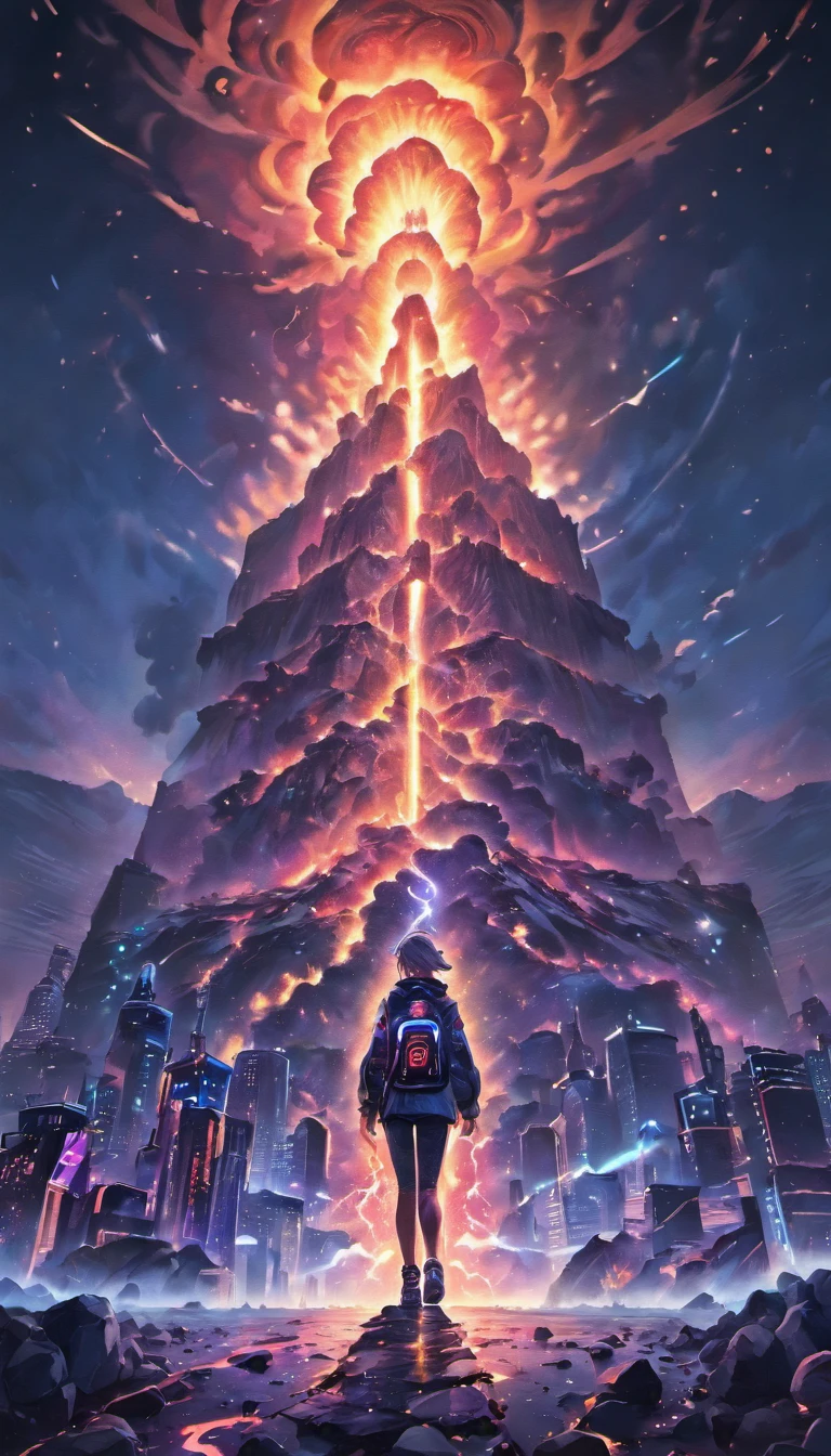 (Light field photography,Volcanoes photographed using supernatural light,chaos:1.25),(Fiber optic coating,Light painting:1.2),Volcanic eruption in postmodern art style，Magma quicksand，Soaring magma，Thick cloud of volcanic ash，The erupting volcano merges with the mushroom cloud，Japanese light novel cover illustration style，Retina-scale realistic rendering，Photorealistic rendering，Wear colorful oil nebula and shine big，Decomposition and refactoring，Quantum projection technology，(Volcano cyberpunk graffiti painting of mysterious symbols all over the body，Old totem with futuristic rock art，A projected virtual reality light and shadow city in front of the volcano:1.45)，Vector information magic array，Vector particles disperse at the edge of the volcano，
