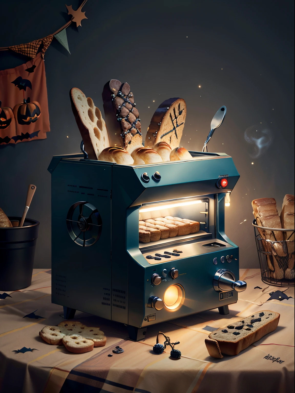 voodoo punk,There is a strange bread machine on the table,in a halloween style,No Man