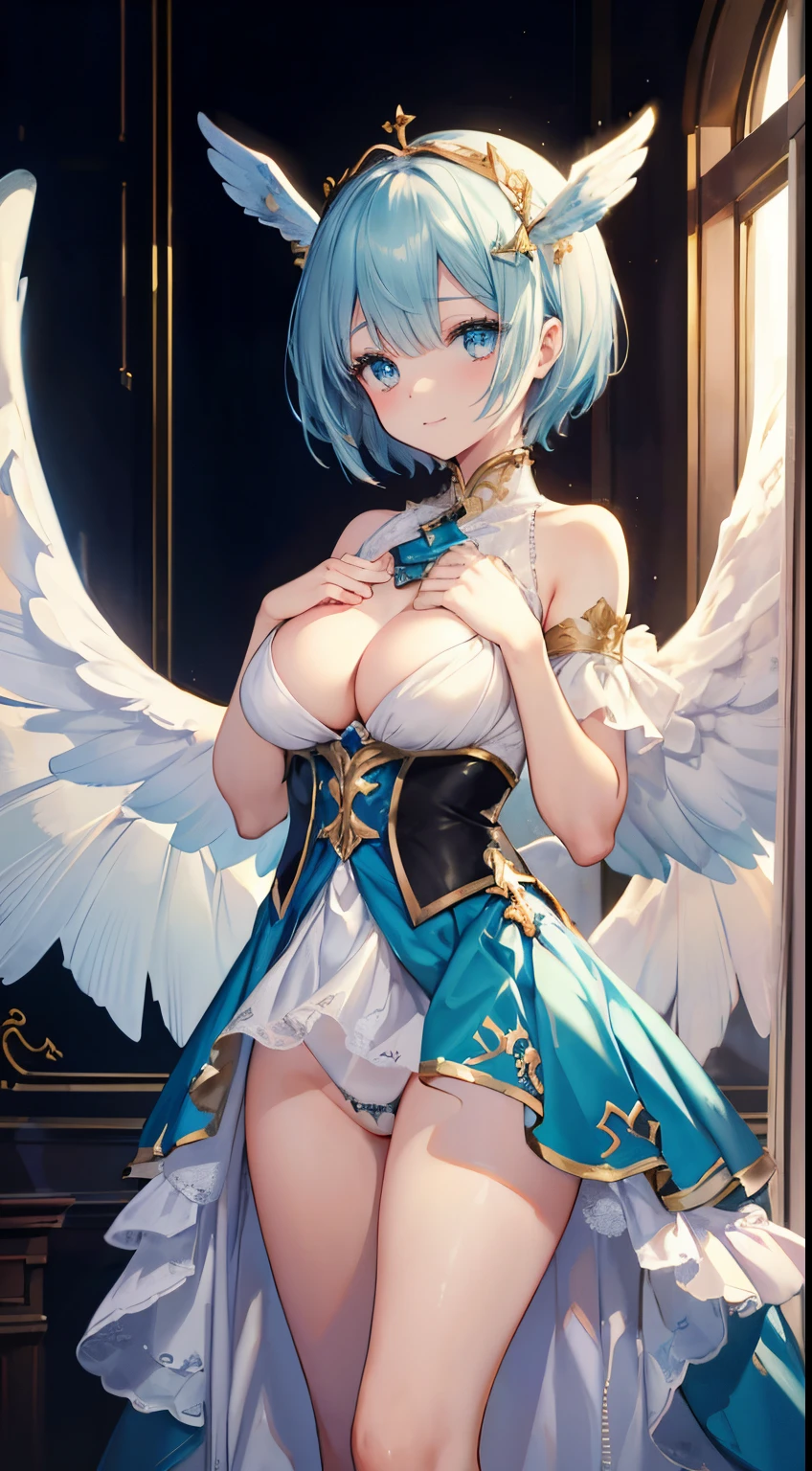 extra detailed face, Perfect Lighting, extremely details CG, 4K、8K、be shy、mournful smile、(Perfect hands, Perfect Anatomy)、Ultra-realistic photo of a girl in a majestic white and golden ball gown dress, Big beautiful dress, Complex puffy ball gown with lots of frills and rhinestones (Best Quality, masutepiece, ((Angel wings:1.2))。 art stations, Fantasy Art:1.2), Palace rooms, Beautiful cute girl, Rem of Rezero、(Blue shorthair:1.3), Bangs hide one eye、(Complex short gold skirt, Bare legs:1.2, Full body shot)、very Bigger breasts、cleavage of the breast、Nipples show through、White panties、(Clearly visible detailed female pubic shape: 1.4)、skirt rift、Thin leg、Skinny Legs