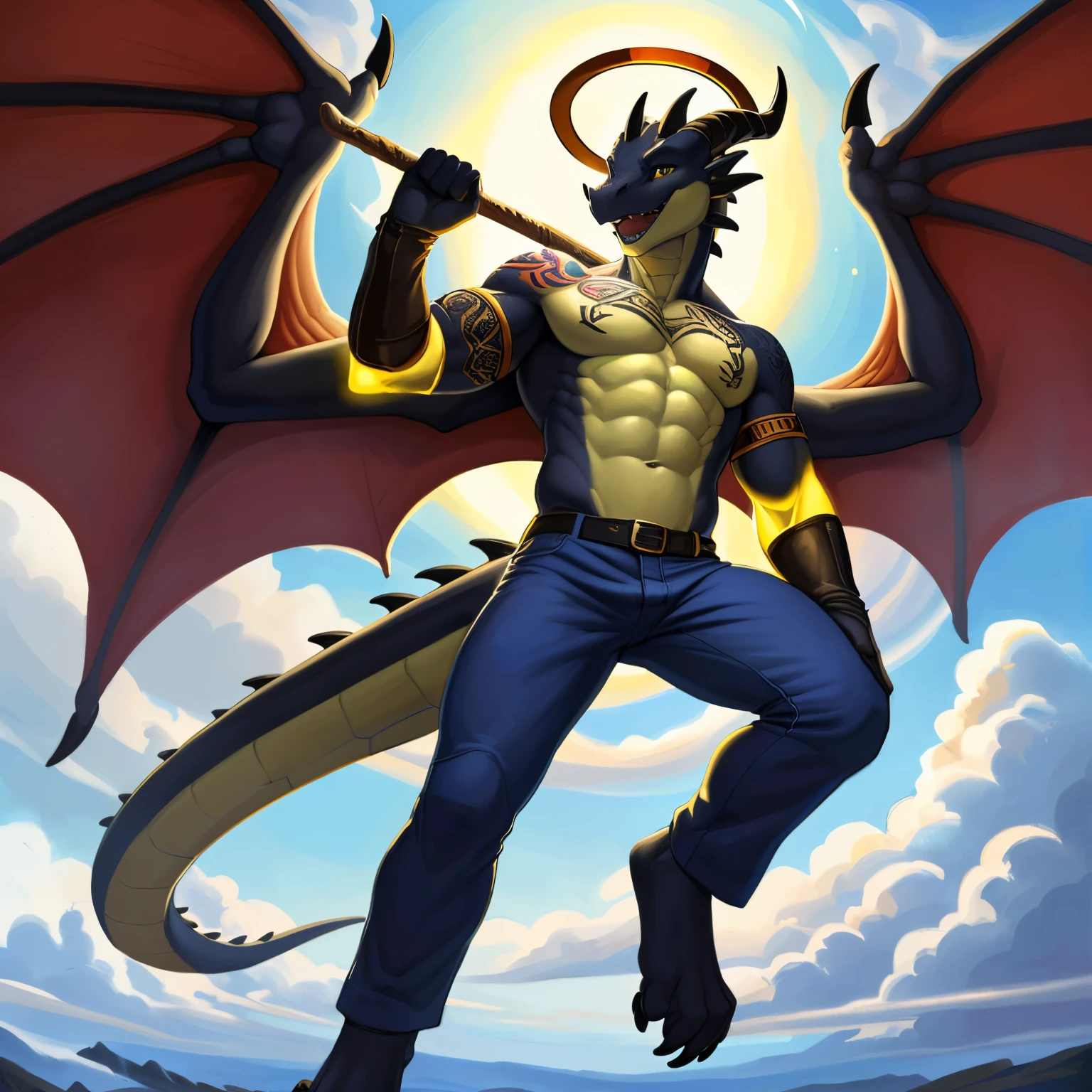 (masterpiece, best quality, high quality, highres:1.4), detailed, extremely detailed, bright lighting, 4K, (by ruaidri), yupa, kiyosan,(by meesh), (by fffffolder)), delga: ( slim, athletic, dragon, black body, smooth skin, athletic muscle, anthro legs, Godly appearance, ((skin glowing)), glowing skin, ((young)), (dragon feet), (toe claw), black spikes, (detailed eyes), dragon horn, ((dragon tail)), tail attached to waist, 1tail, ((dragon wings)), bare_shoulders, (clothing, handwear:(vambraces), bottomwear:(pants:black, [[leg armor]]))), beautiful, (((heroic aura))), closed_mouth, covered in tattoos, has tattoos, tattoos covering the chest and arms, tattoo sleeves on both arms, descending from the clouds, divine presence, radiating, angelic, halo, casual