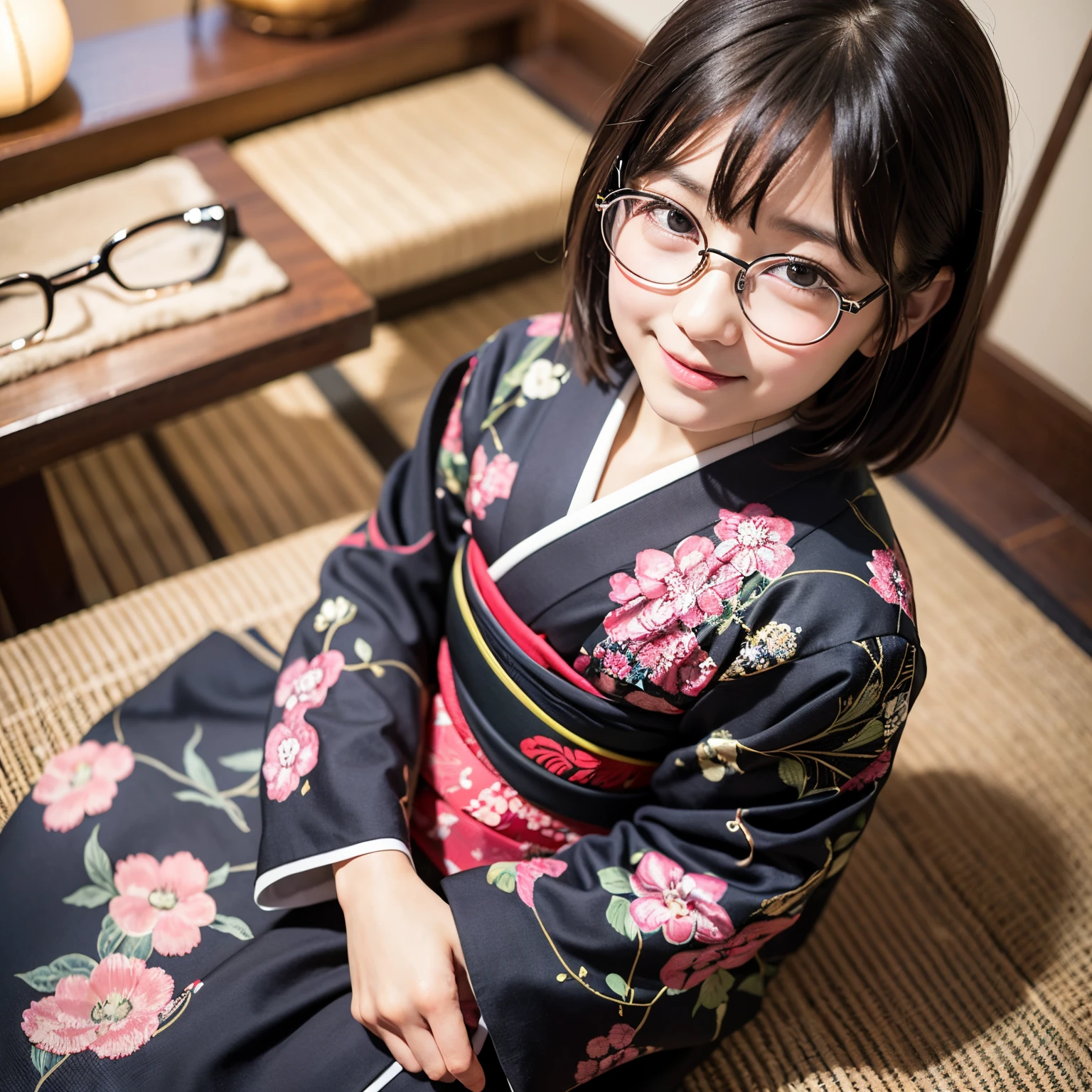 Best-quality, Masterpiece, Ultra-High-Resolution, (Photorealistic:1.4), Raw-Photo, Extremely-Details, Perfect-Anatomy, 1girl, 10-years-old, the most popular Japanese child actress, wearing Japanese luxurious KIMONO and glasses with cute design, innocent smile, sitting SEIZA in traditional Japanese room, extremely cute childish face, amazingly beautiful big black solid circle eyes, very beautiful realistic skins, very beautiful black-short-cut-haired, very beautiful child body, detailed Japanese luxurious KIMONO, detailed glasses with cute design, detailed beautiful face, detailed eyes, detailed realistic skins, detailed black-short-cut-haired, detailed body, detailed traditional Japanese room