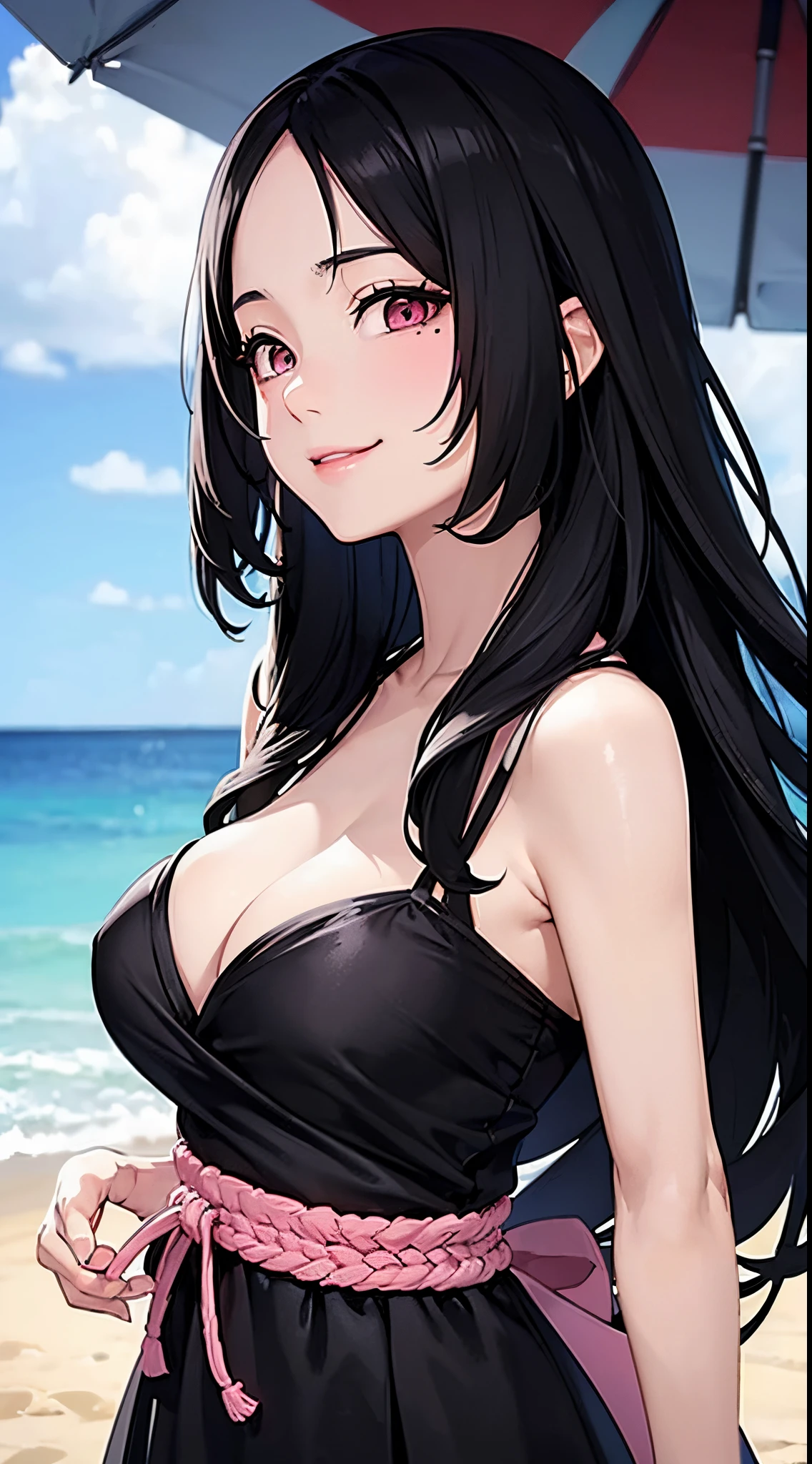 (((Black long hair))) Pink Bra, japanaese girl, cleavage, Beach, Low contrast, (Smile), very detailed face and eyes, Best Quality, 超A high resolution, photographrealistic, ultra-detailliert, 8K, Raw photo, Perfect Anatomy