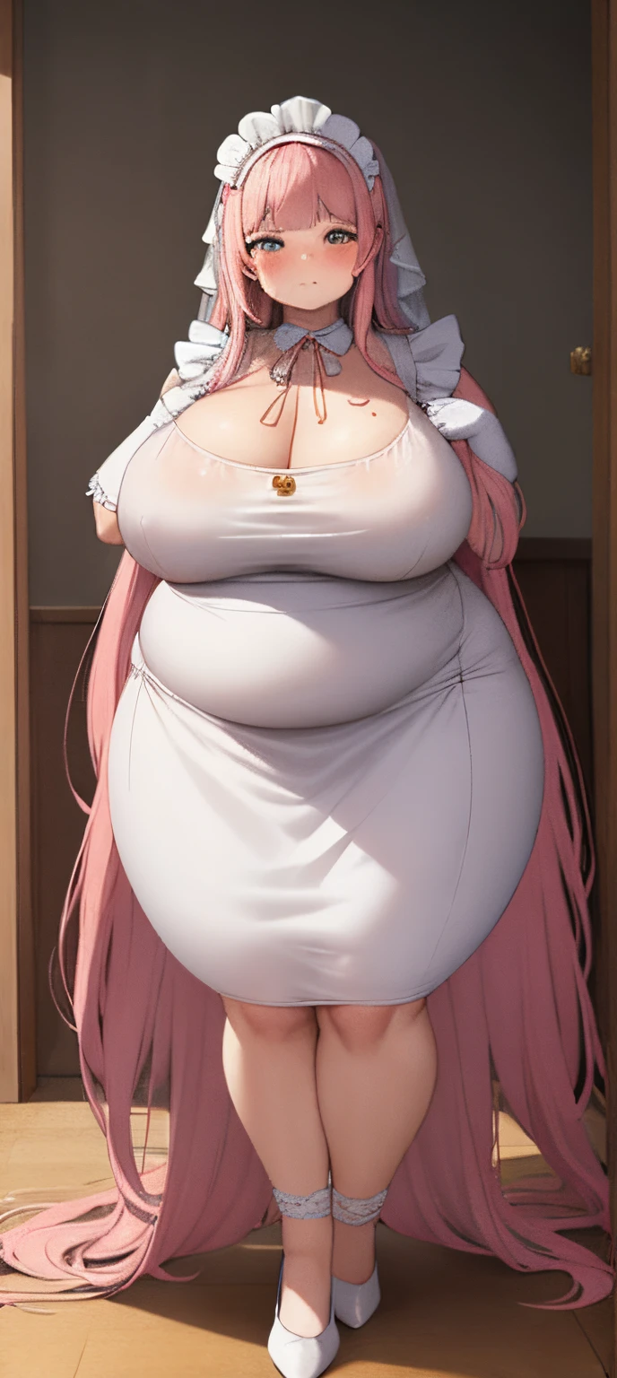 realistic, 1girl, pink hair, very long hair, wear bride veil, straight hair, blunt bangs, (beautiful eyes), blush, ((((white maid dress, fully clothed)))), ((big breast)), maid headband, white hand gloves, high heels, ribbon, night, indoor, staring at viewer, lipstick, closed mouth, bare foot, sfw, very big breast, [big belly], covered belly, thicc girl, standing, fat girl, obese girl, [[smile]]