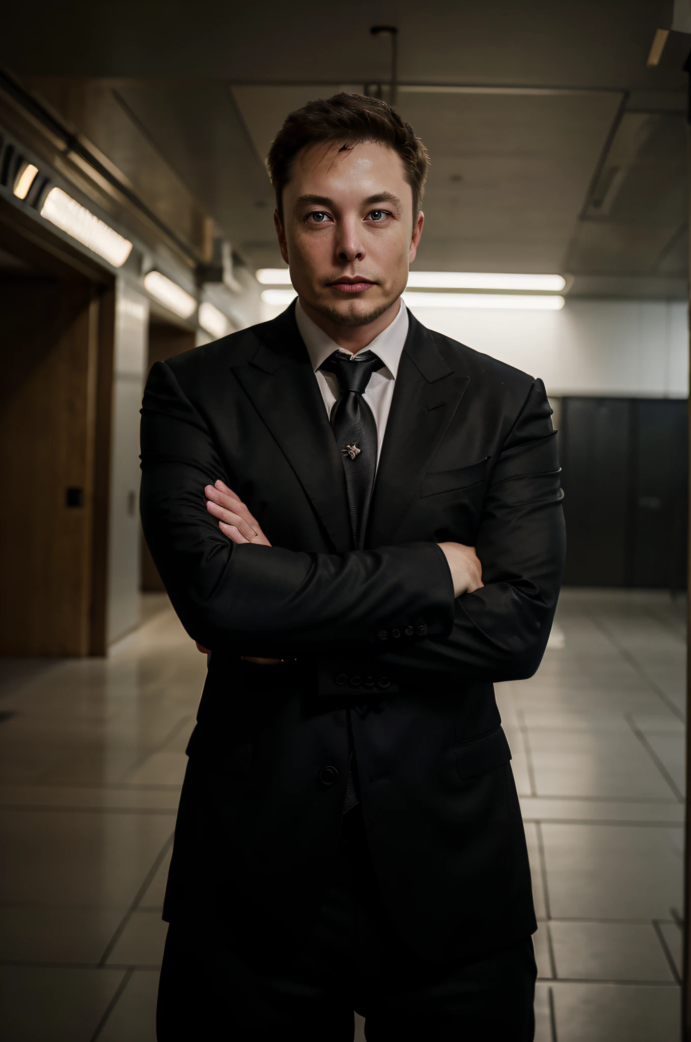 Elon Musk, wearing a suit, beautiful lighting, best quality, realistic, full-length portrait, realistic image, intricate details, depth of field. highly detailed