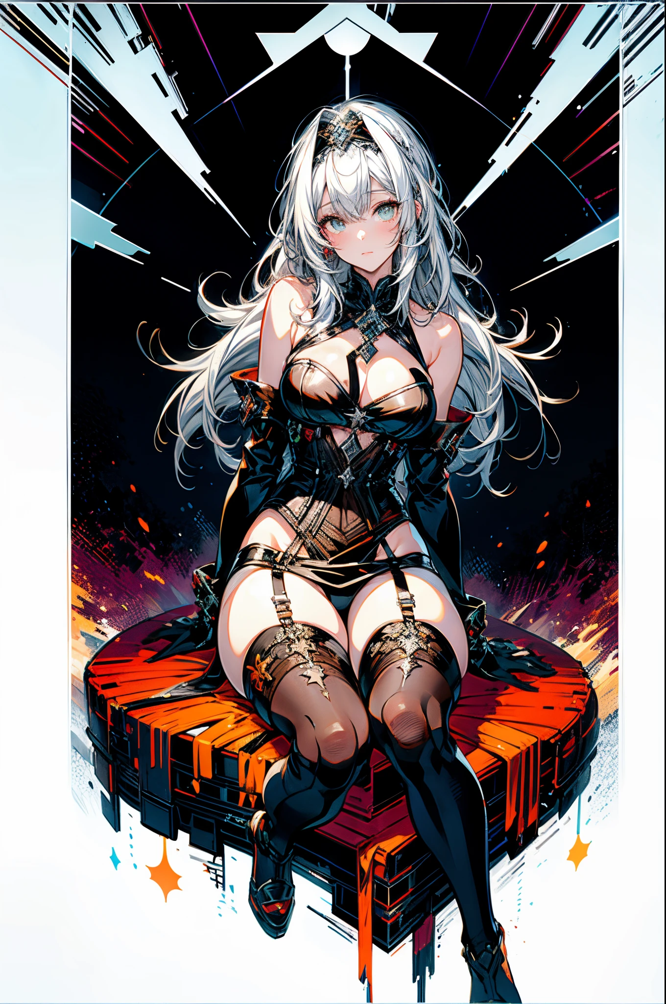 anime - style illustration of a woman sitting on a Cristals with a lot of things around her, shadowverse style, from arknights, from girls frontline, white haired deity, guweiz, girls frontline universe, guweiz on pixiv artstation, fine details. girls frontline, kawacy, trending on artstation pixiv, nier 2 b, by Yang J, (ultra high resolution, 8K RAW color photo, photo realistics, textile shading, thin outline:1.3, clear focus), (Bright pupils, fine detailed beautiful eyes with highlight:1.3, high detailed face), ((full body)), ((correct anatomy:1.5)), simply background,