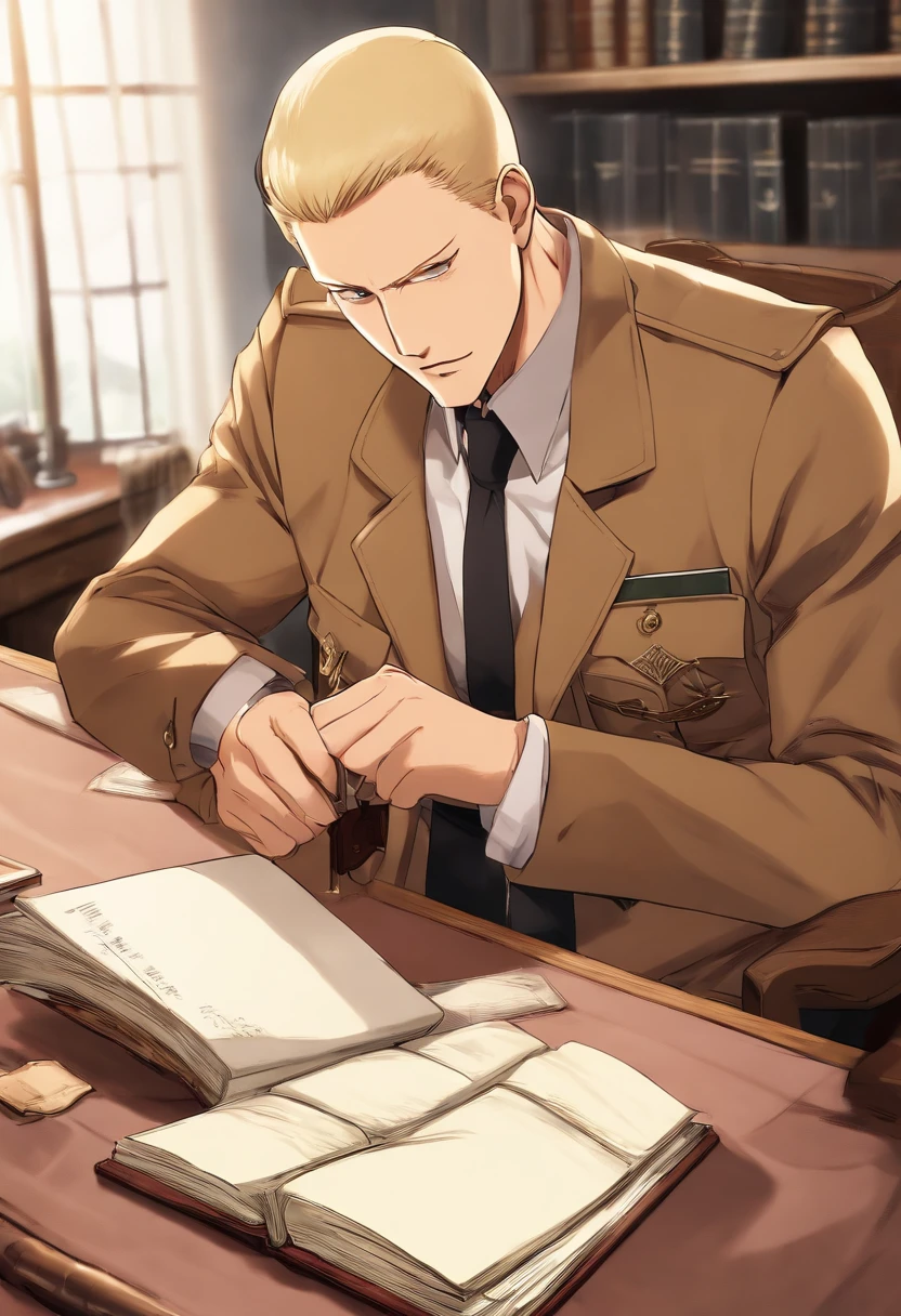 A photo of Reiner sitting at his desk, writing in a journal with a pained expression on his face.,Attack on Titan,Reiner Braun is tall, buff, with very short blonde hair and a very short stubble goatee, small amber eyes, thin eyebrows, very masculine features. Wears a long beige coat, white dress shirt, black tie, and a red armband with a white nine-pointed star on it. (Reiner Braun from Attack on Titan)
