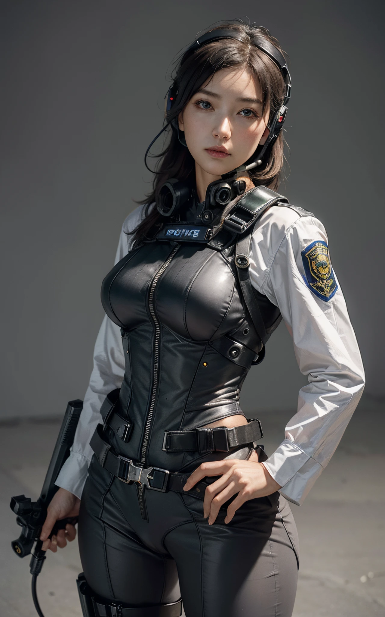 (best quality,ultra-detailed),(realistic,photorealistic:1.37), ultra-high resolution, (realism: 1.4), ((close up:0.75)), the best illustration, favor details, highly condensed 1lady, with beautiful and a delicate face, perfect proportion, (straight standing, small breasts, chubby:0.2), (wearing racing suit likes police uniform, black and gray mecha, wearing high-tech headset, military harness, granades, holding a machinegun), captain, background simple grey wall,