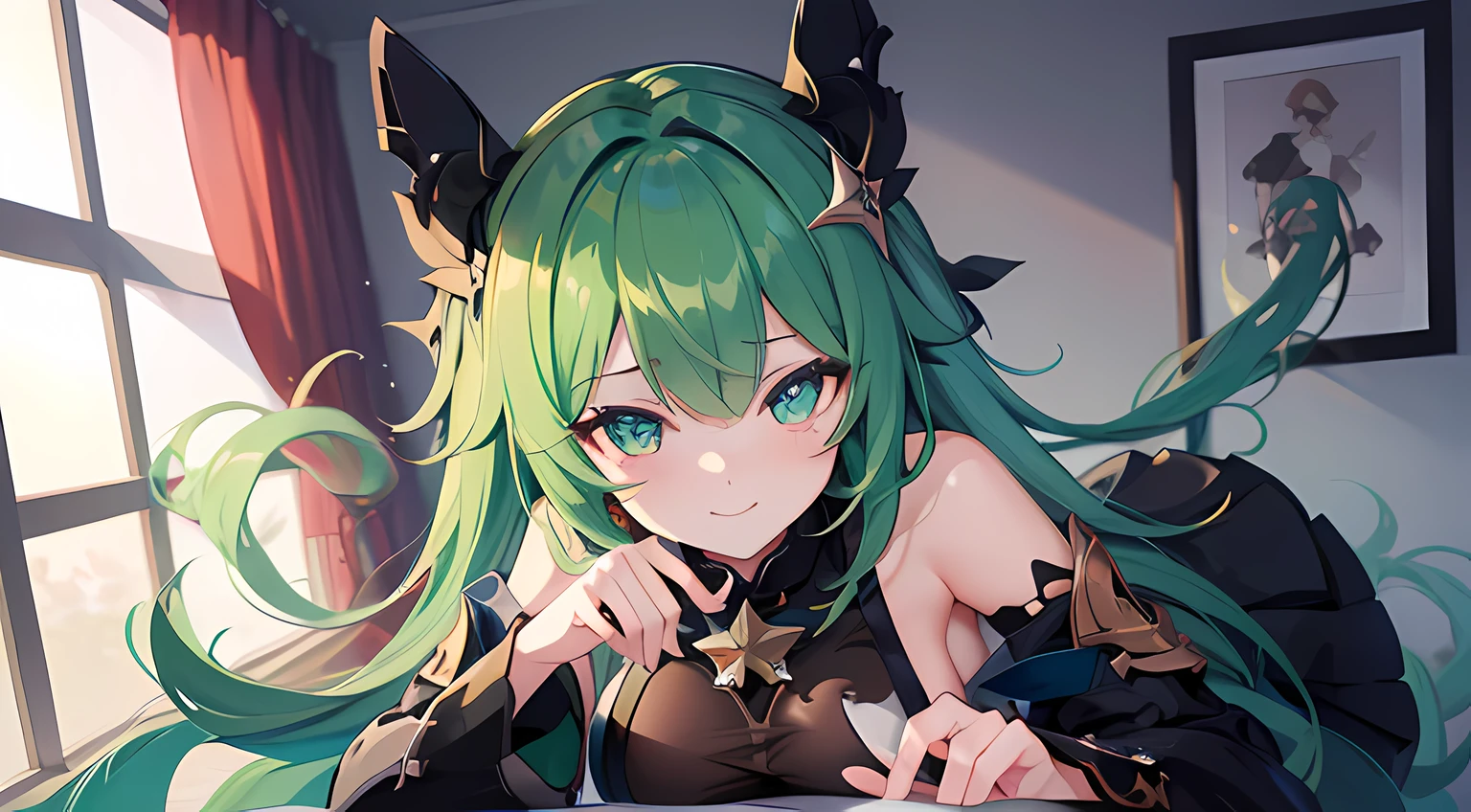 1 girl, (huohuo), posing for a picture in bedroom, (green hair, green eye color, cat pupils), blushed face, demon horn, black witch suit, short black skirt, big breast, a picture by void_0, pixiv, anime girls, seductive smile, (beautiful detailed eyes:1.6), extremely detailed face, perfect lighting, extremely detailed CG, (perfect hands, perfect anatomy), (honkai star rail).