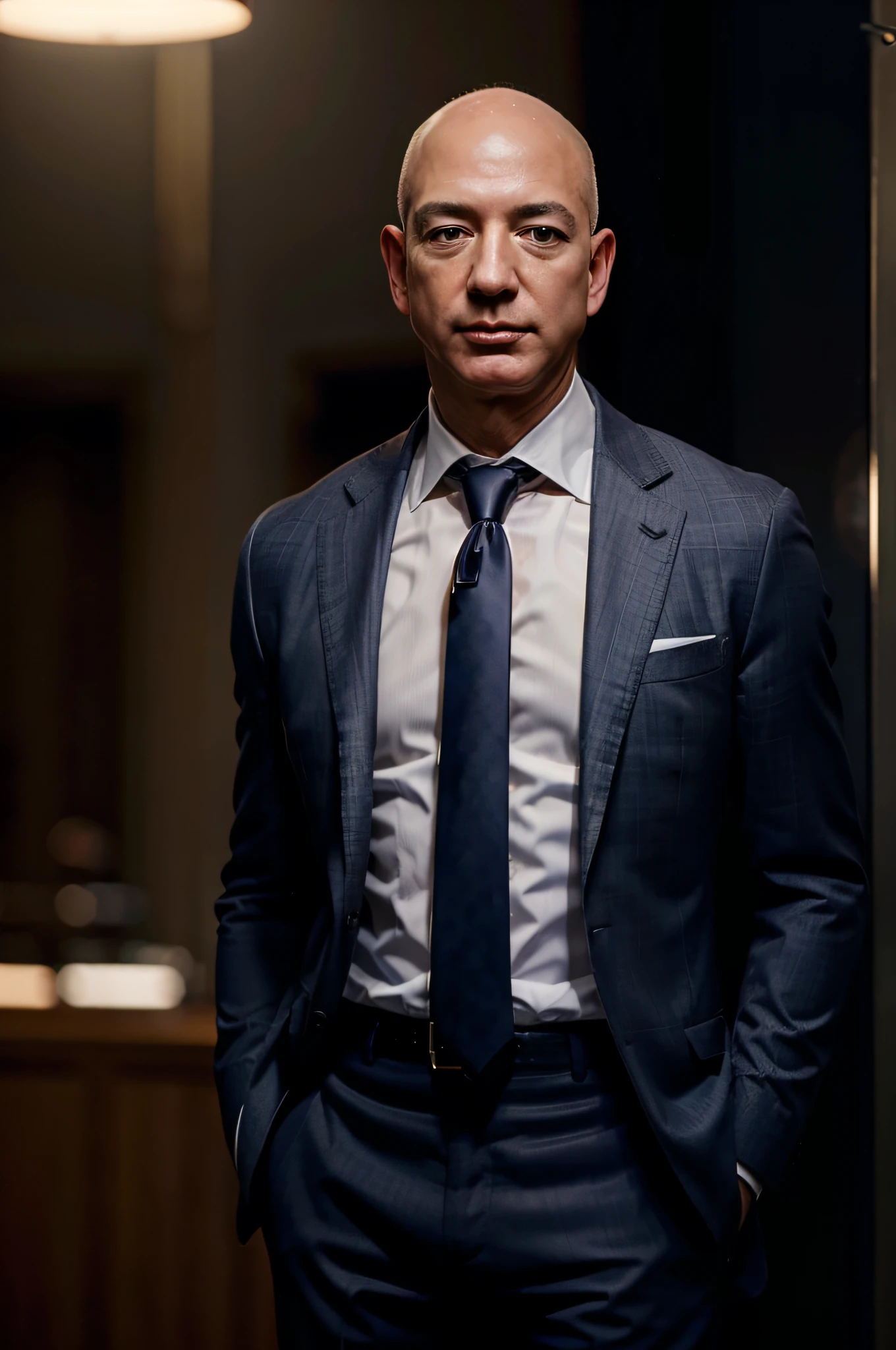 Jeff Bezos, wearing a suit, beautiful lighting, best quality, realistic, full-length portrait, realistic image, intricate details, depth of field. highly detailed