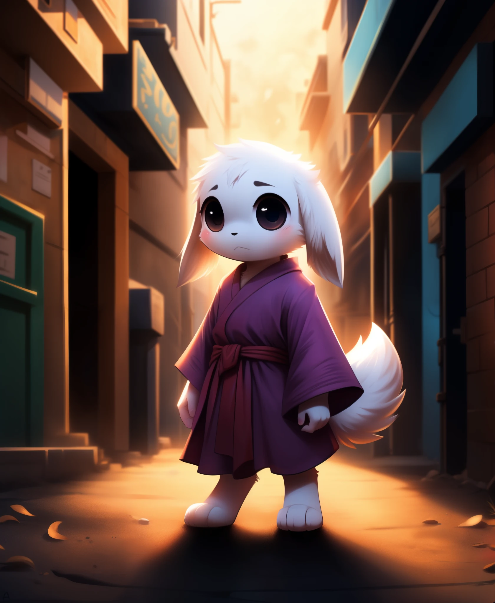 (master quality), (perfect anatomy), (king), (chibi mimiga duo), :<, fully body, digitigrade, purple robe, modern alley, dramatic pose, dramatic lighting, white fur, fluffy fur, (black/big/oval eyes), fluffy tail, solo/alone, sole focus