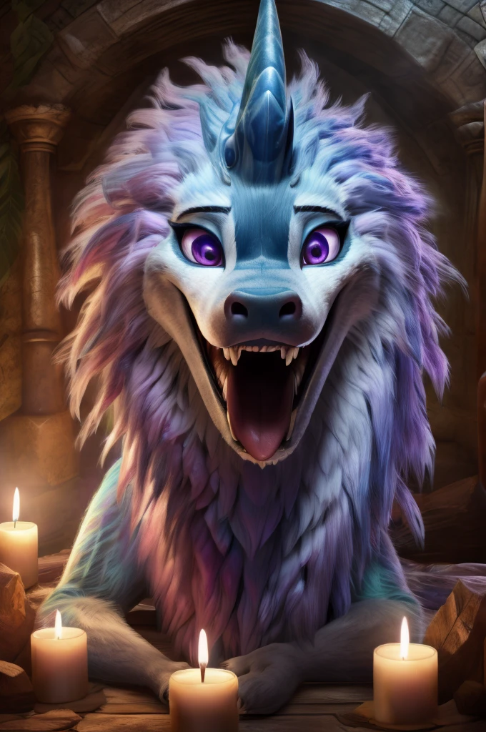 Very chubby Sisu, mouth extremely wide open tongue out about to swallow viewer, detailed lips and mouth, extremely detailed eyes and face {(close up of mouth), (looking at viewer)}, [background; (bedroom), (candles), (ambient lighting)]