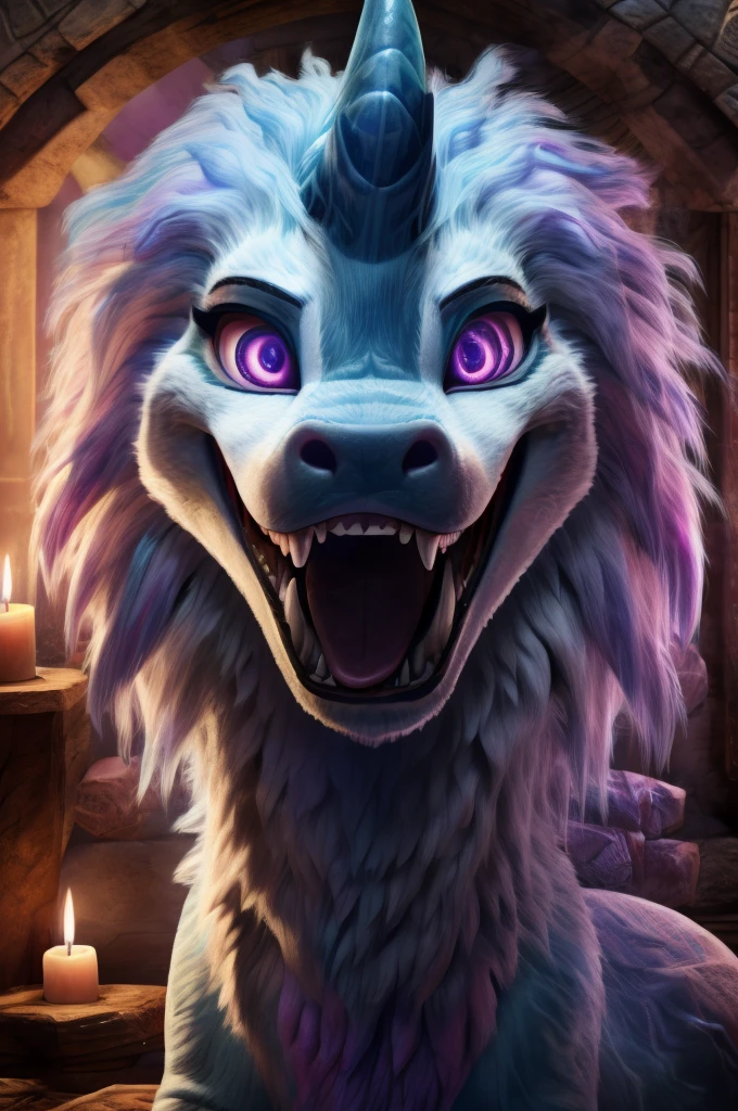 Very chubby Sisu, mouth extremely wide open tongue out about to swallow viewer, detailed lips and mouth, extremely detailed eyes and face {(close up of mouth), (looking at viewer)}, [background; (bedroom), (candles), (ambient lighting)]