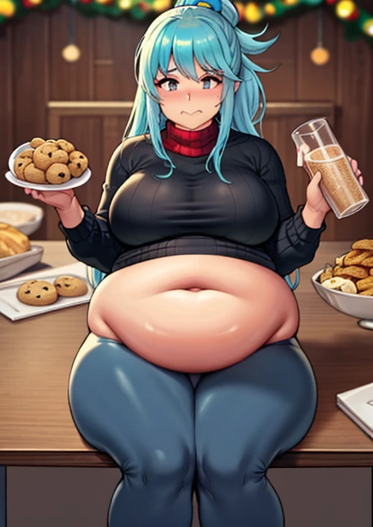 fat, large belly, standing, fat belly, very fat, large stomach, chubby, Aqua, Aqua Konosoba, very fat, safe for work, obese, giant belly, fat, huge, heavy, very fat, safe for work, fat, large belly, standing, grabbing belly, very fat, large stomach, chubby (best quality, masterpiece), Christmas, wearing sweater, eating, sitting down, table full of food, cookies, eating cookies, very fat, Christmas season, Christmas time, Christmas season, holidays, Christmas sweater