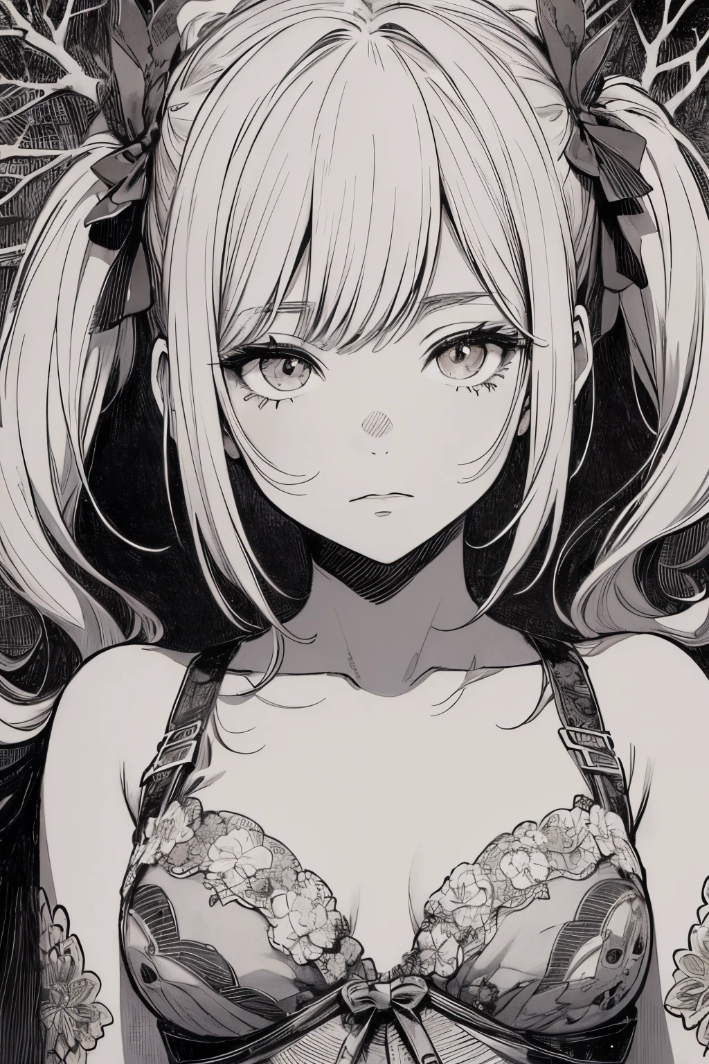 (by Yuko Higuchi:1.4),Higuchi Yuko,(by Yoh:1.2),(masterpiece,best quality,官方艺术,美丽和审美:1.2),(ultra-detailed),finely detail,best illustration,hand drawn high quality,(High contrast),(clean lines:1.3),(lineart),line drawing,(Intricate lines),ligne claire,fractal art,pen drawing,ukiyo-e style,(portrait,above the chest,extremely close-up:1.1),zombie girl, girl,(she is surrounded by dead trees:1.1),big eyes,(wavy air,Pigtails),Corpse Bride,Wraparound composition,flat chest,mysterious night,(Intricate details),(detailed background:1.2),(colorful),High Resolution