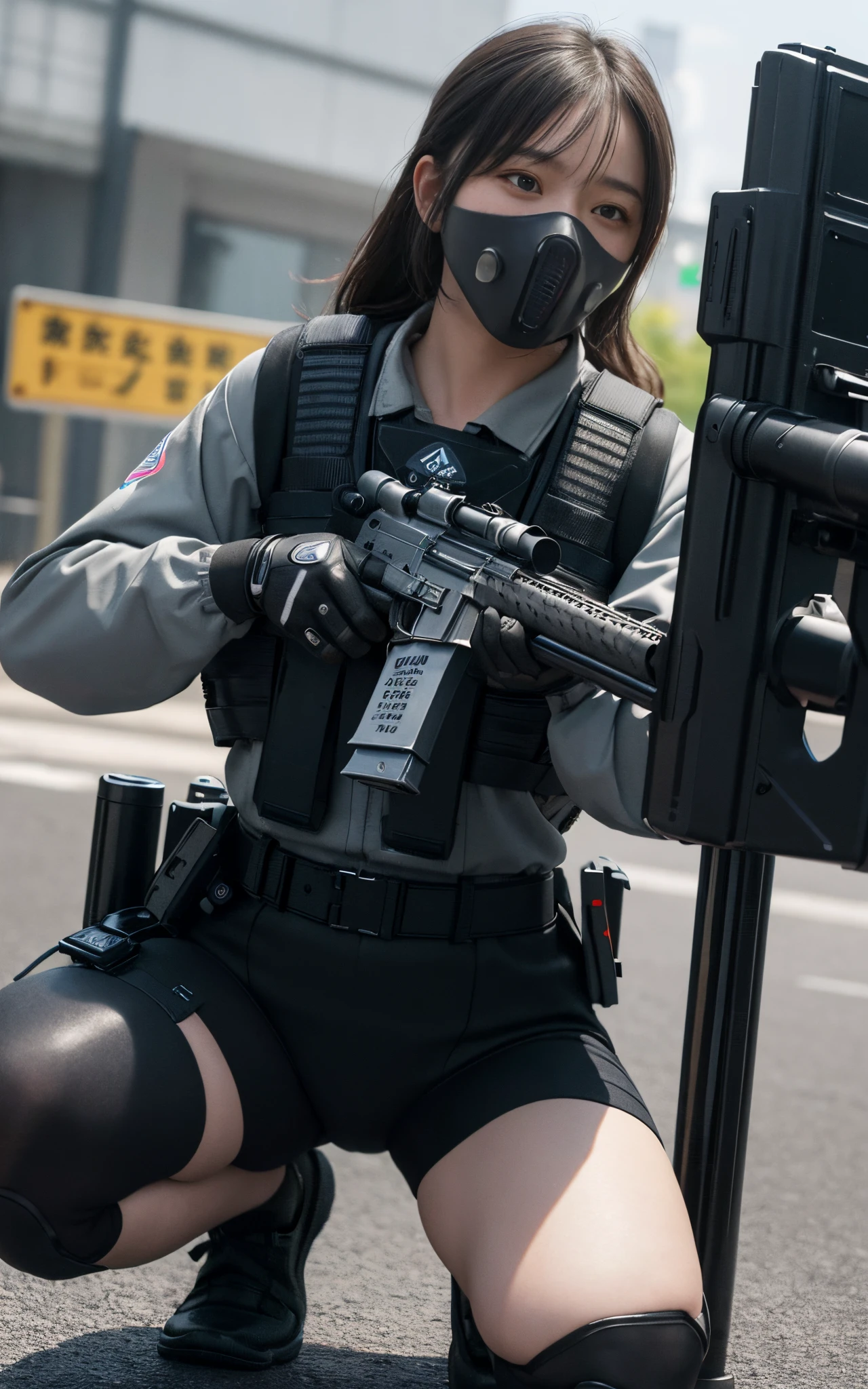 ((best quality, (masterpiece), photorealistic, photorealism, Photorealistic, high resolution)), 1girl full body, aiming with an assault rifle, another girl squatting behind, Combat pose, a bit chubby, (Detailed face), (wearing rash-guard likes police uniform, gloves, black and grey mecha, wearing futuristic-gasmask, military harness, holding a machinegun, carrying hich-tech-launcher), background grey, Fingers are occluded