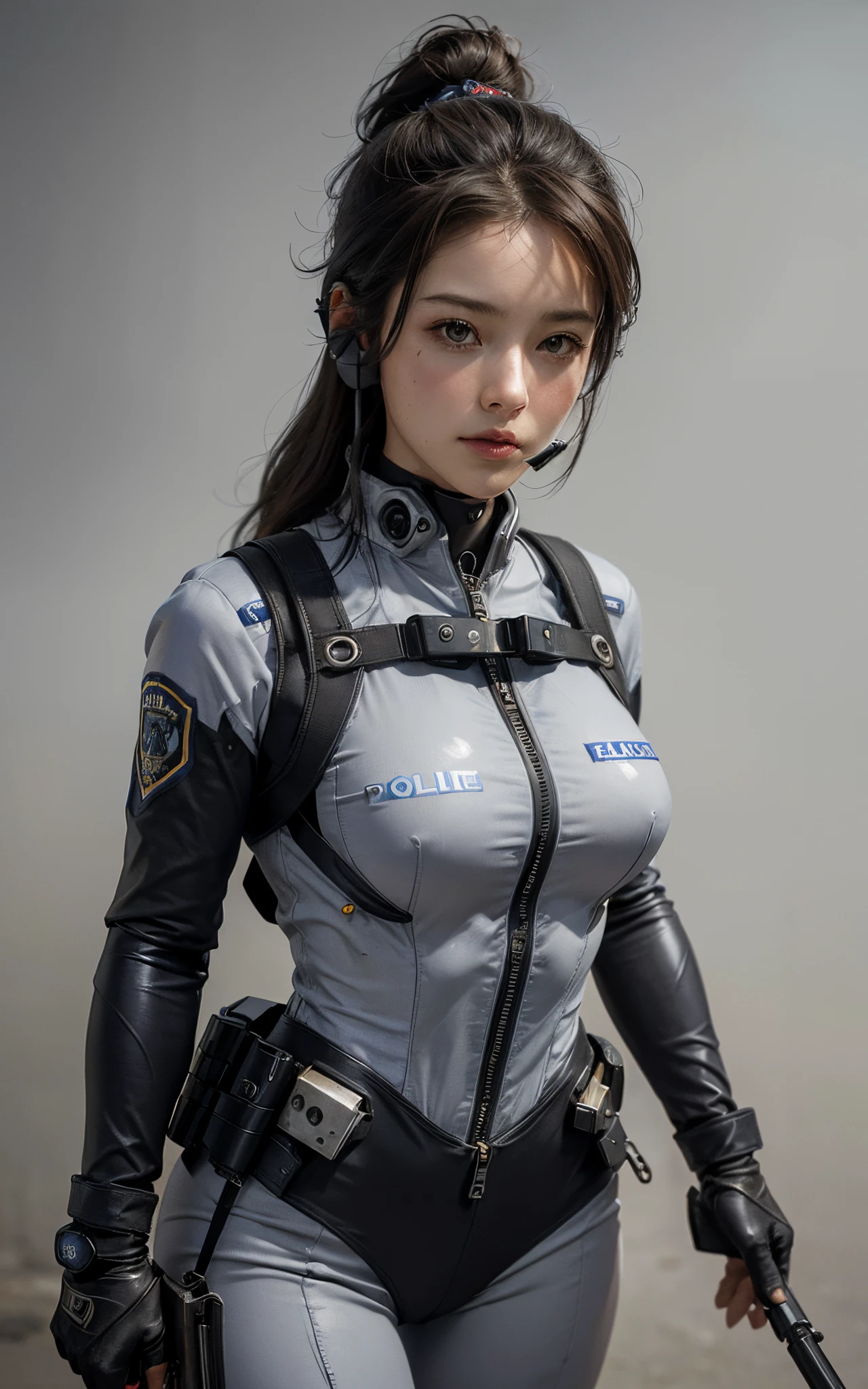 A woman in a futuristic suit holding a gun and a gun - SeaArt AI
