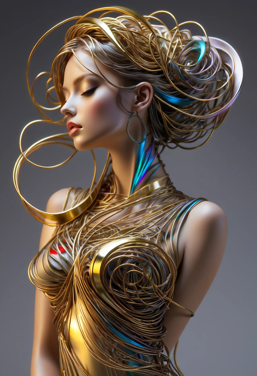 (Best Quality,ultra - detailed,best best illustration,The best shadow,tmasterpiece,hight resolution,professionalartwork,famousartwork),(line-drawing:1.5),Metal wire,A masterpiece of texture,s fractal art,beautiful a girl,model shoot tyle,abstract paintings, (Highly detailed CG unified 8k wallpaper), From the intricate rainbow of smoke overhead、A storm of chaotic lines rises, Stylized abstract portrait of a beautiful girl,Heavy Metal Style,postmodern industrial style,Ultra-realistic realism,Metallic luster,metalictexture,Sculptural image of a beautiful woman made of thin metal wire, golden curve structure, female sculpture made of wire, spiral dripping gold, metal curve composition, winding street, abstract female sculpture, small whirlpool, Abstract Sculpture, twist, Revolutions, intricate metal wire, spiral, long exposure photography, sleek lines, intricate light