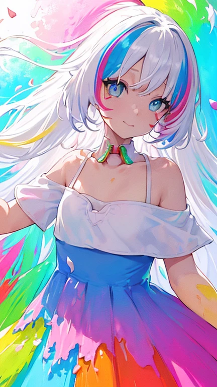 (Pink Fashion T-shirt:1.9),(Colorful hair: 1.8), (all the colours of the rainbow: 1.8),(((((vertical painting:1.6))), (painting:1.6),front, comics, illustrations, paintings, large eyes, crystal clear eyes,( rainbow color gradient high ponytail:1.7), exquisite makeup, closed mouth,(Small Fresh: 1.5),(Wipe Chest: 1.6) ,long eyelashes, white off shoulder T-shirt, White Shoulder Shirt,looking at the audience, large watery eyes, (rainbow colored hair:1.6), color splash, (solo:1.8), color splash, color explosion, thick paint style, messy lines, ((shining)),(colorful), (colorful), (colorful), colorful, Thick Paint Style, (Splash) (Color Splash), Vertical Painting, Upper Body, Paint Splash, Acrylic Pigment, Gradient, Paint, Highest Image Quality, Highest Quality, Masterpiece, Solo, Depth of Field, Face Paint, colorful clothes, (Elegant: 1.2), gorgeous,long hair, wind, (Elegant: 1.3), (Petals: 1.4),(((masterpiece))),(((best quality))),((ultra-detailed)),(illustration),(dynamic angle),((floating)),(paint),((disheveled hair)),(solo),(1girl) , (((detailed anima face))),((beautiful detailed face)),collar,bare shoulders,white hair, ((colorful hair)),((streaked hair)),beautiful detailed eyes,(Gradient color eyes),(((colorful eyes))),(((colorful background))),(((high saturation))),(((surrounded by colorful splashes))),