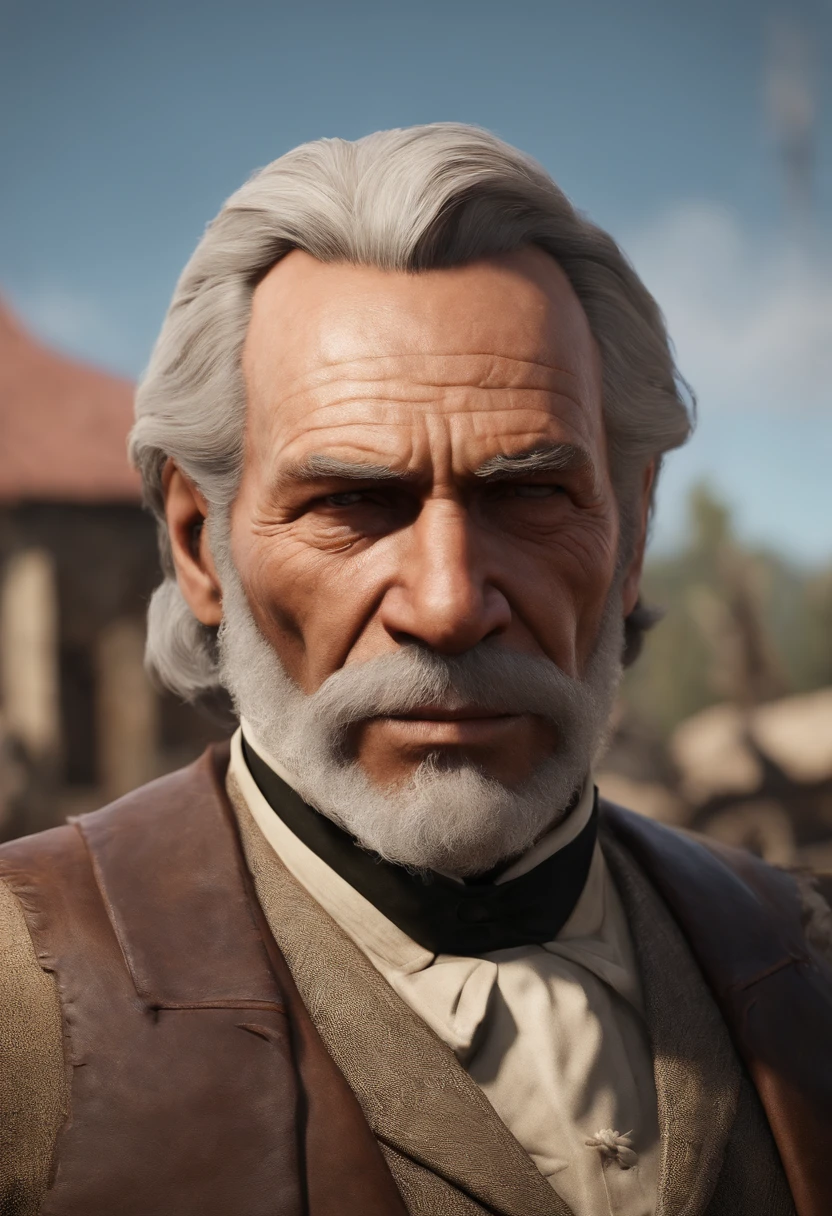 A photo of Hosea charming his way out of a parking ticket by using his good-natured humour and quick wit.,Red Dead Redemption II, Hosea is a lean, elderly man with neat, silver hair cut short and a clean-shaven face.