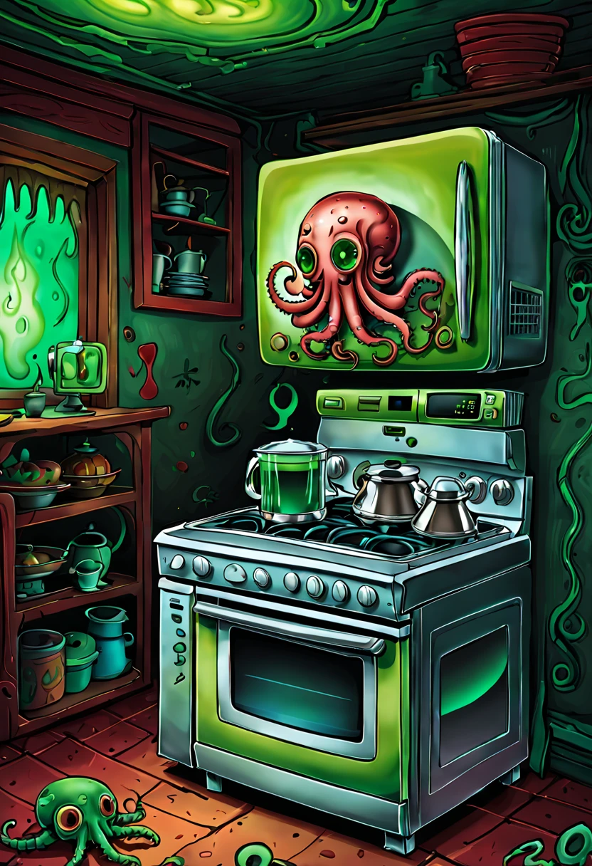 As an illustrator,I'm going to draw you an illustration of a weird kitchen appliance.。I will analyze the topic in detail,and highlights the weirdness of kitchen appliances,With a western spooky atmosphere,Blending horror at the same time、Humor and cute elements。I will analyze and describe the details step by step,Strive to create unique and innovative effects,Make illustrations full of personality and imagination。 Above all,I will select several common kitchen appliances as the main elements,For example, refrigerator、microwave oven、Blender etc.。These appliances will be brought to life,Looks like a ghost with a soul。 The refrigerator is the centerpiece of the illustration,Its appearance will be transformed to be more scary and weird。I'll make the refrigerator door twist,As if being opened in reverse,Revealing a dark interior。There will be a pair of big eyes on the refrigerator,Eyes dark and scary,Emit green light。There will be cracks and dents on the exterior of the refrigerator,Gives people an old and dilapidated feel。 The microwave oven will be given a weird expression。The numbers and buttons on its control panel become distorted,As if jumping randomly。After the microwave door is opened,There will be a fluorescent green mist inside,Exudes an eerie glow。A long arm extends from the inside of the microwave,Fingers bent like claws。 The blender is a cute element in the entire illustration,But also with horrific details。The blender will have a charming smiling face,But there are sharp teeth in the mouth。Its stirring rod turns into long tentacles,like an octopus,moving around。 The tone of the entire illustration is mainly dark,Paired with a ghostly green glow and some blood red details,Create a scary and unique atmosphere。In the background,You can add some shadows、Dim lights and shabby walls,Further enhance the sense of terror。 Except for the appliance itself,I will also add some small details to the illustrations,Such as cracks in kitchen tiles、faded wallpaper on wall、Stains on the floor, etc.。These details will make the entire illustration more real and vivid。 Enfim,I will use innovative painting styles and painting techniques,By the line、Shades and textures to express the quirkiness and humor of appliances。I will try to highlight the characteristics of each element as much as possible,Make illustrations full of personality and creativity。